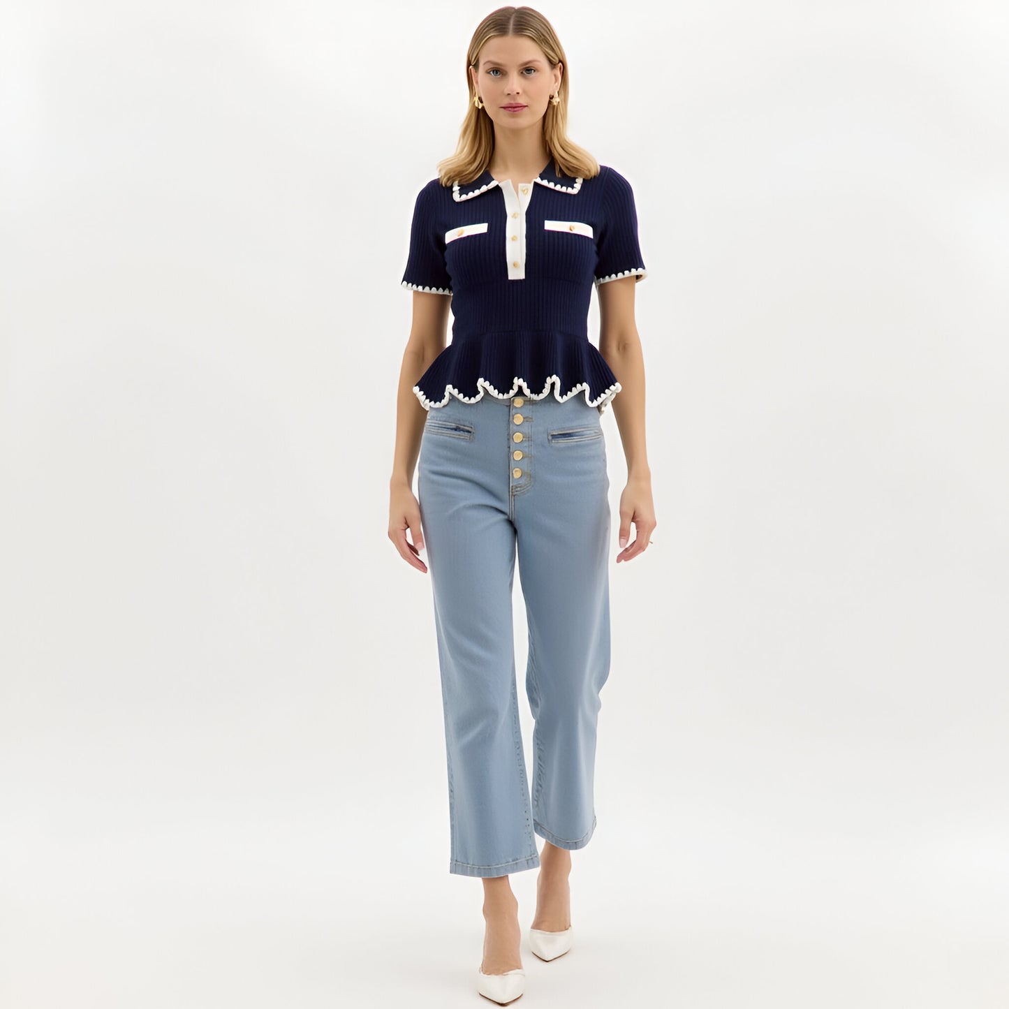 Ribbed Knit Peplum Top with Contrast Trim and Gold Buttons