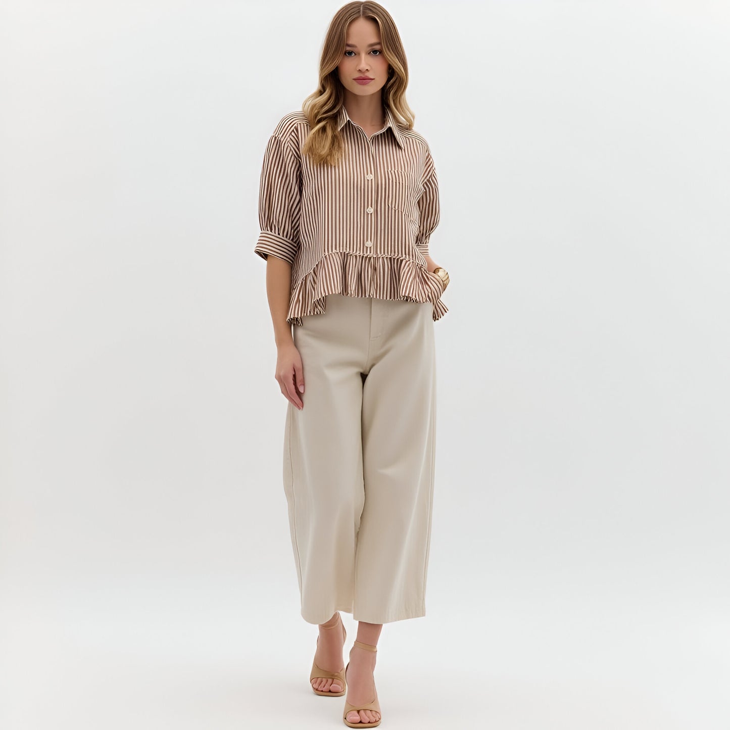 Striped Button Front Blouse with 3/4 Sleeves and Ruffle Hem