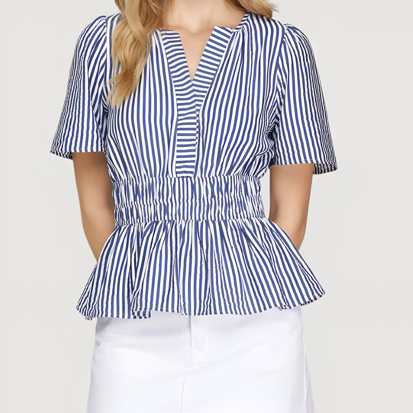 Striped Peplum Top with V-Neckline, Smocked Waist and Short Sleeves