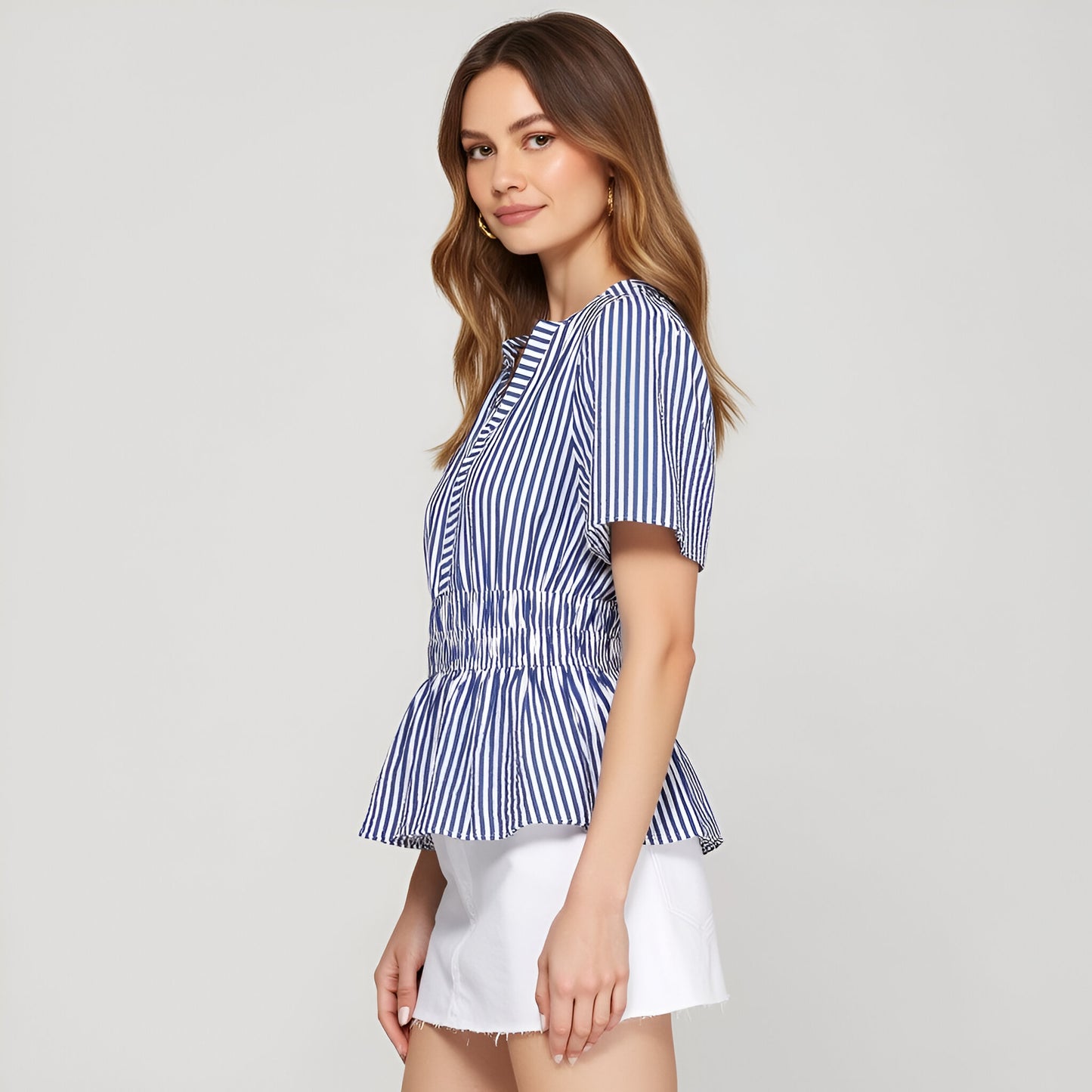 Striped Peplum Top with V-Neckline, Smocked Waist and Short Sleeves
