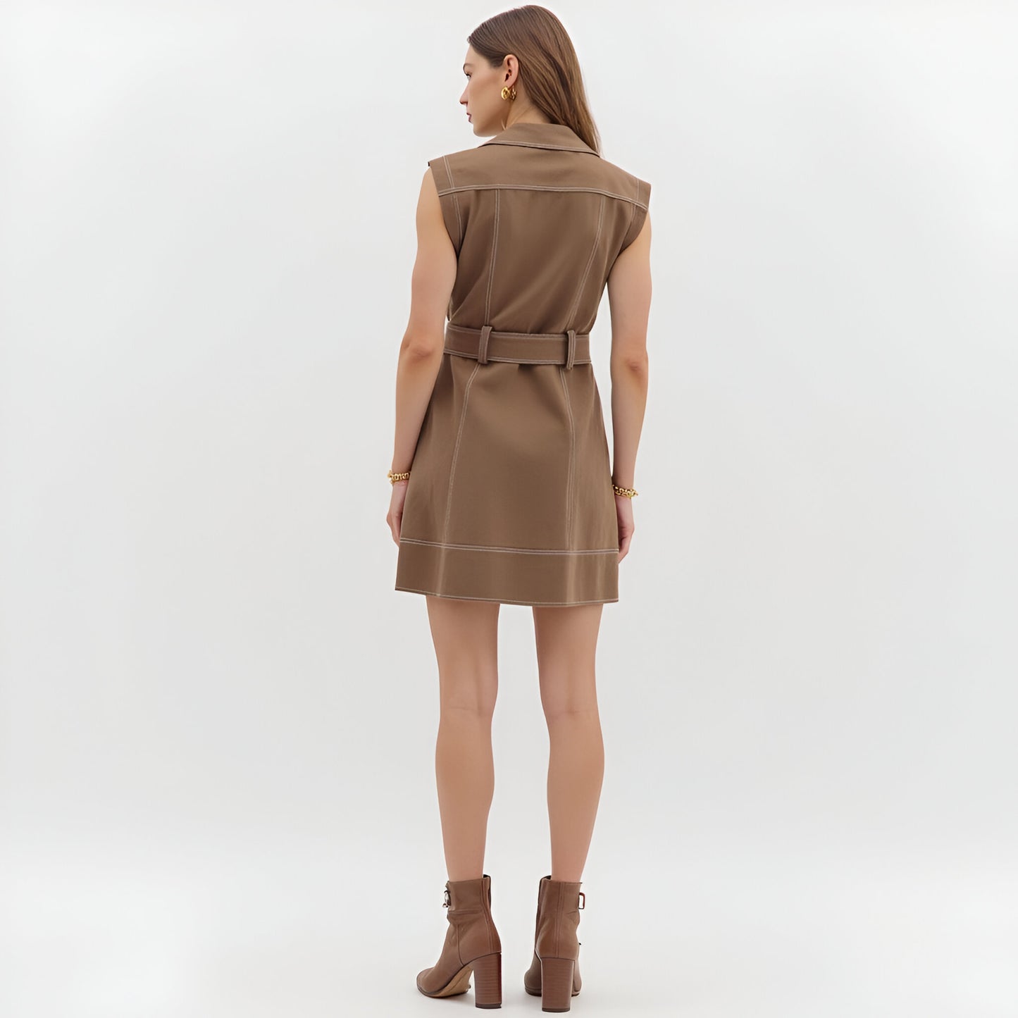 Sleeveless Button Front Mini Dress with Notched Collar and Belted Waist