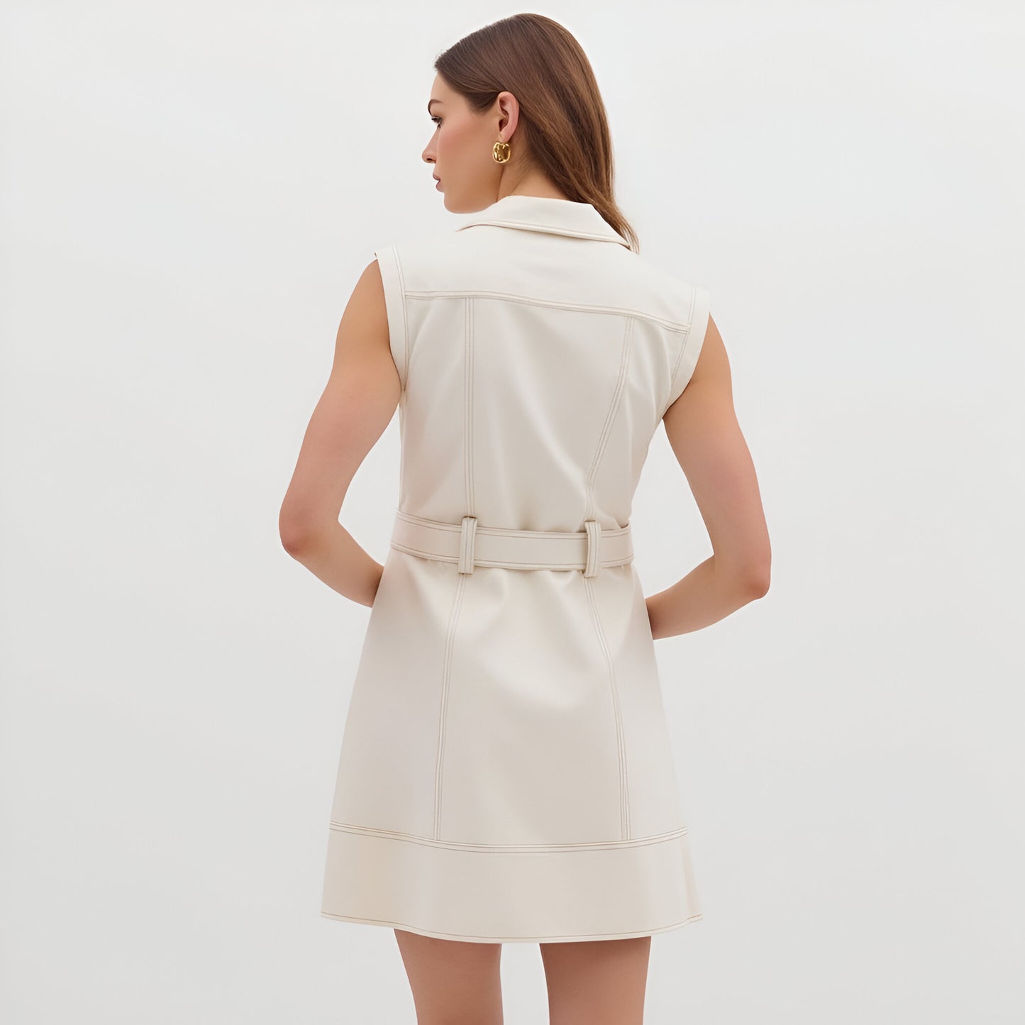 Sleeveless Button Front Mini Dress with Notched Collar and Belted Waist
