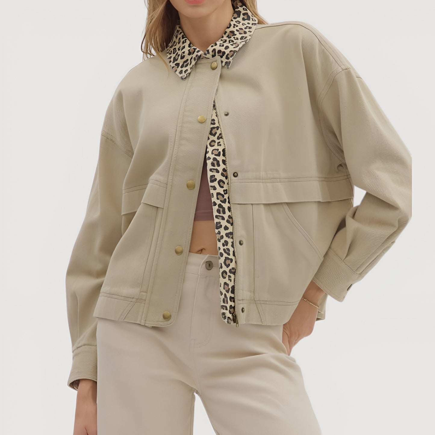 Cropped Utility Jacket with Leopard Print Collar and Snap Front