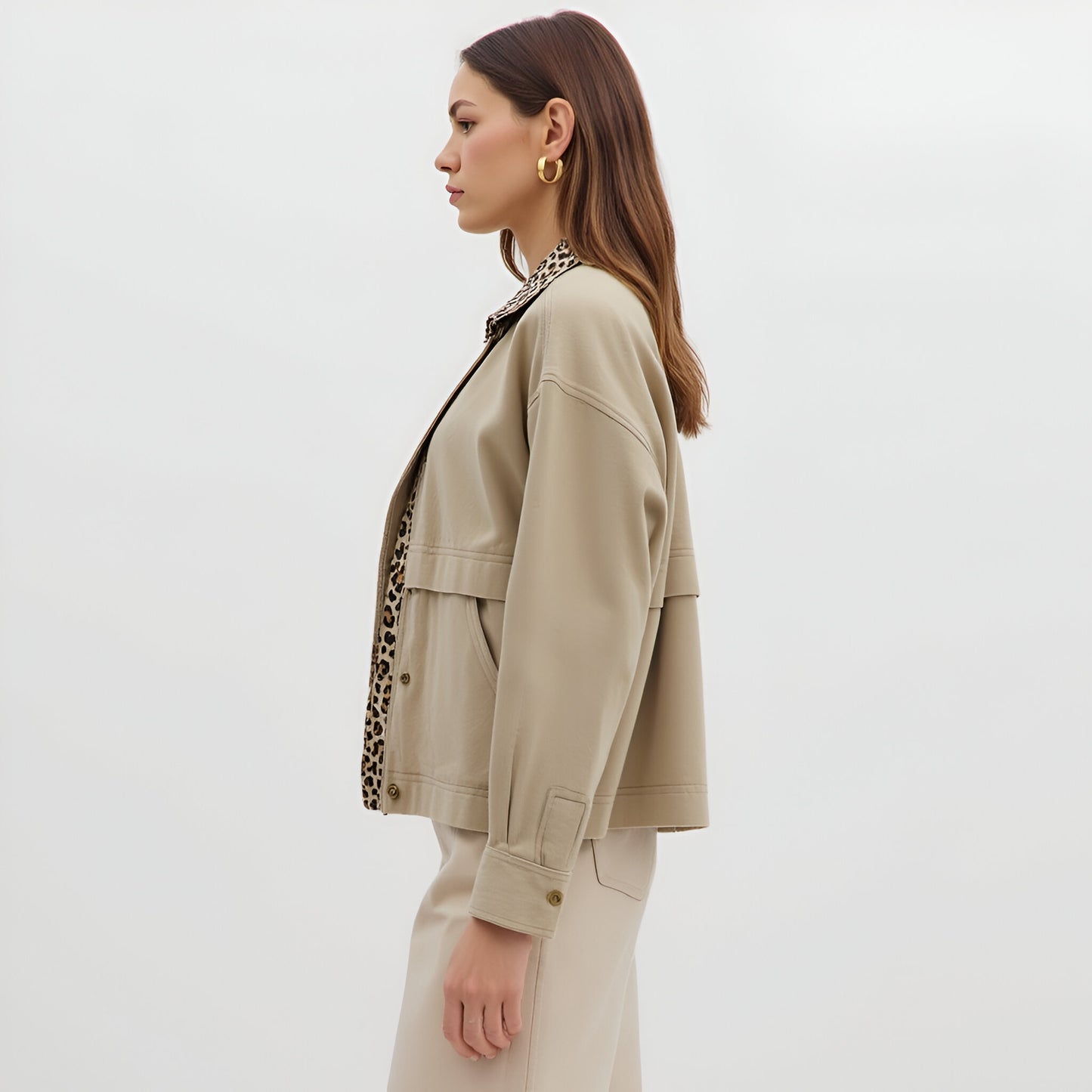 Cropped Utility Jacket with Leopard Print Collar and Snap Front