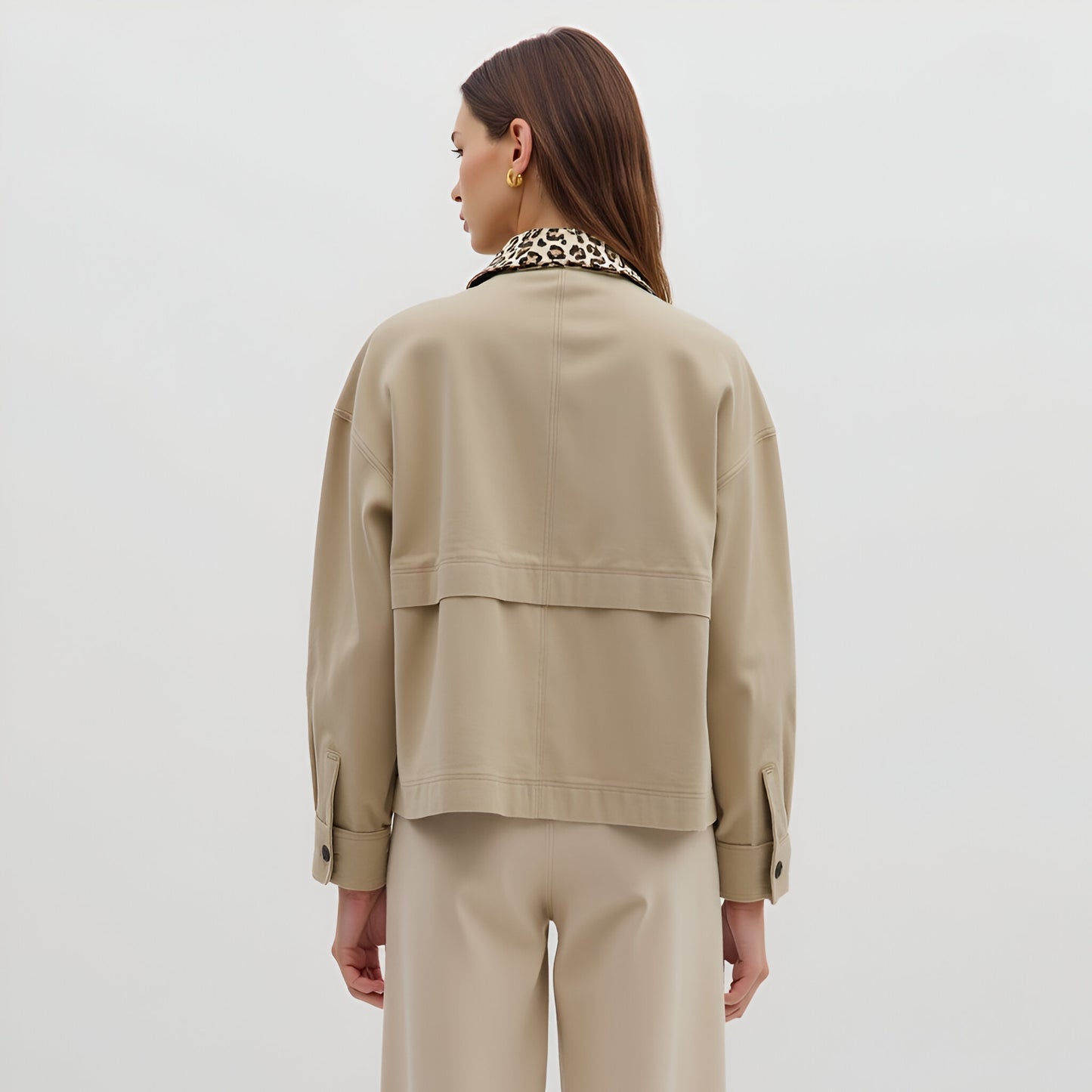Cropped Utility Jacket with Leopard Print Collar and Snap Front