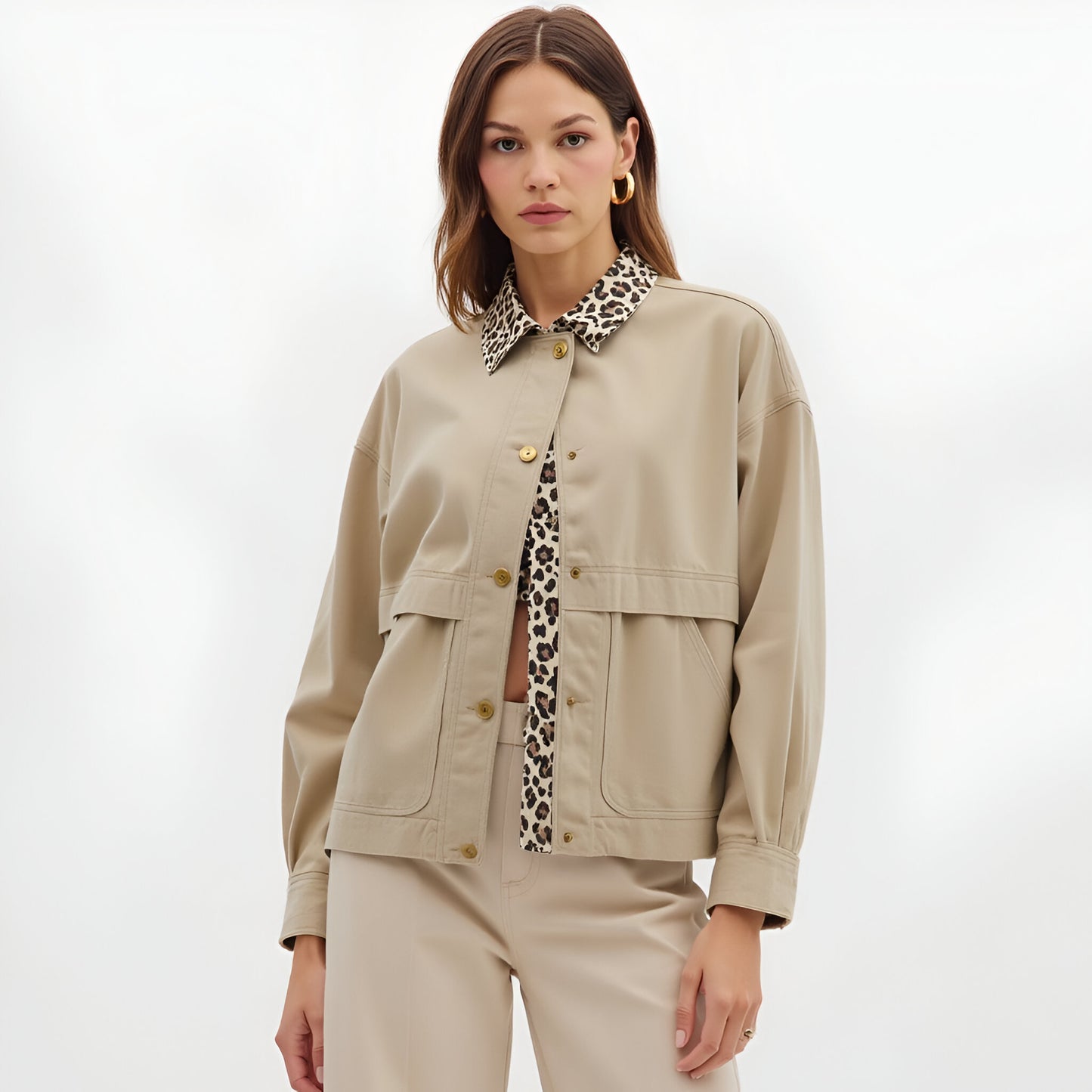 Cropped Utility Jacket with Leopard Print Collar and Snap Front