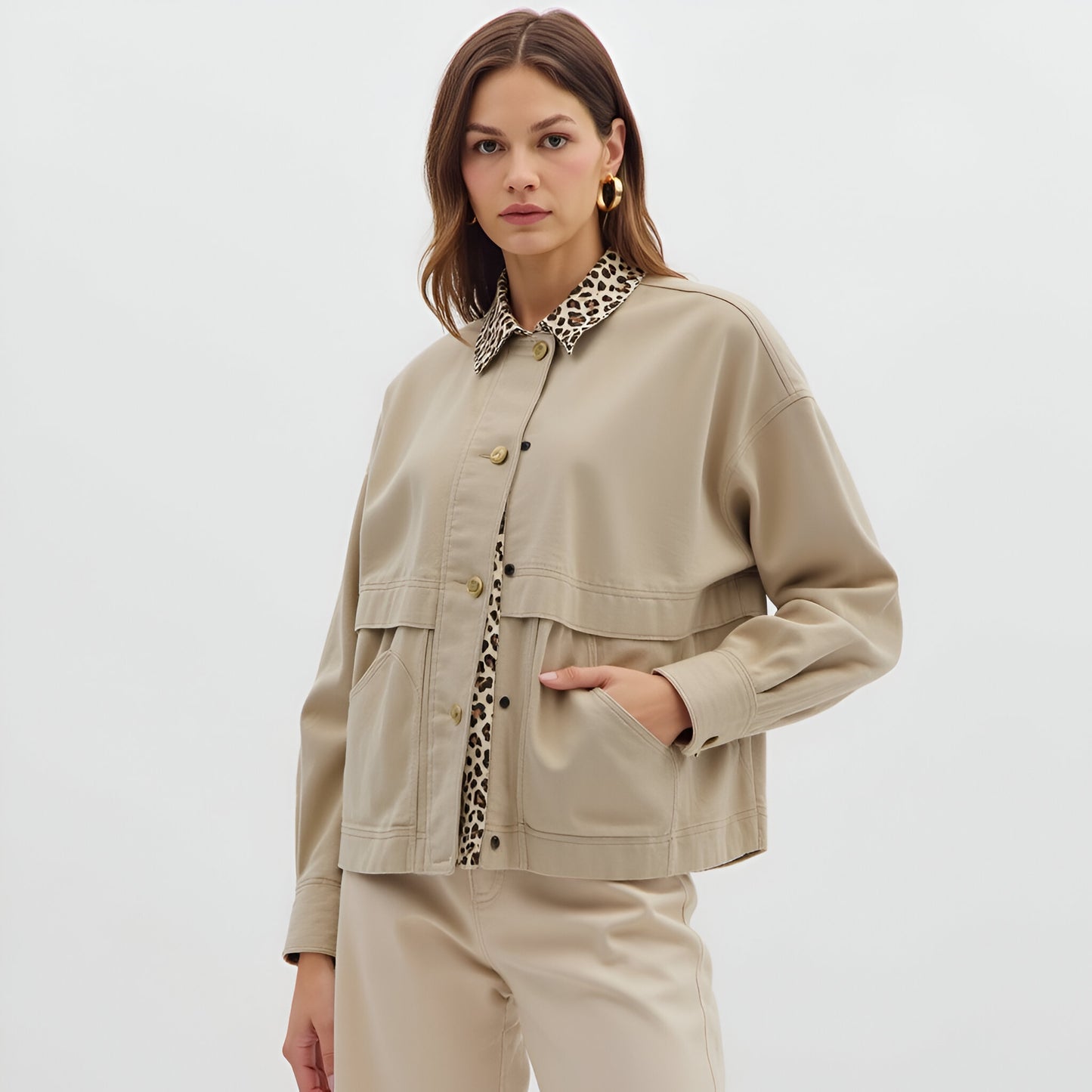 Cropped Utility Jacket with Leopard Print Collar and Snap Front