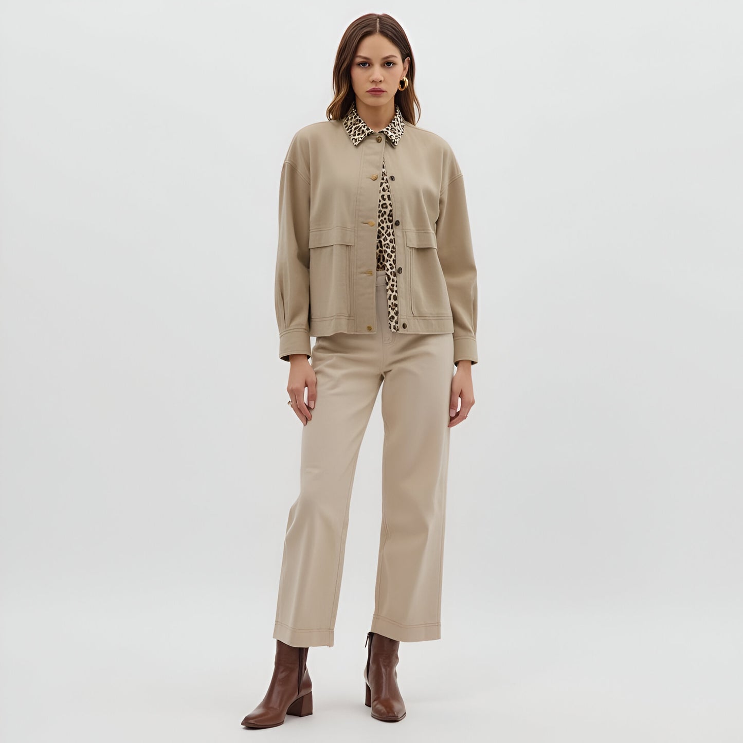 Cropped Utility Jacket with Leopard Print Collar and Snap Front