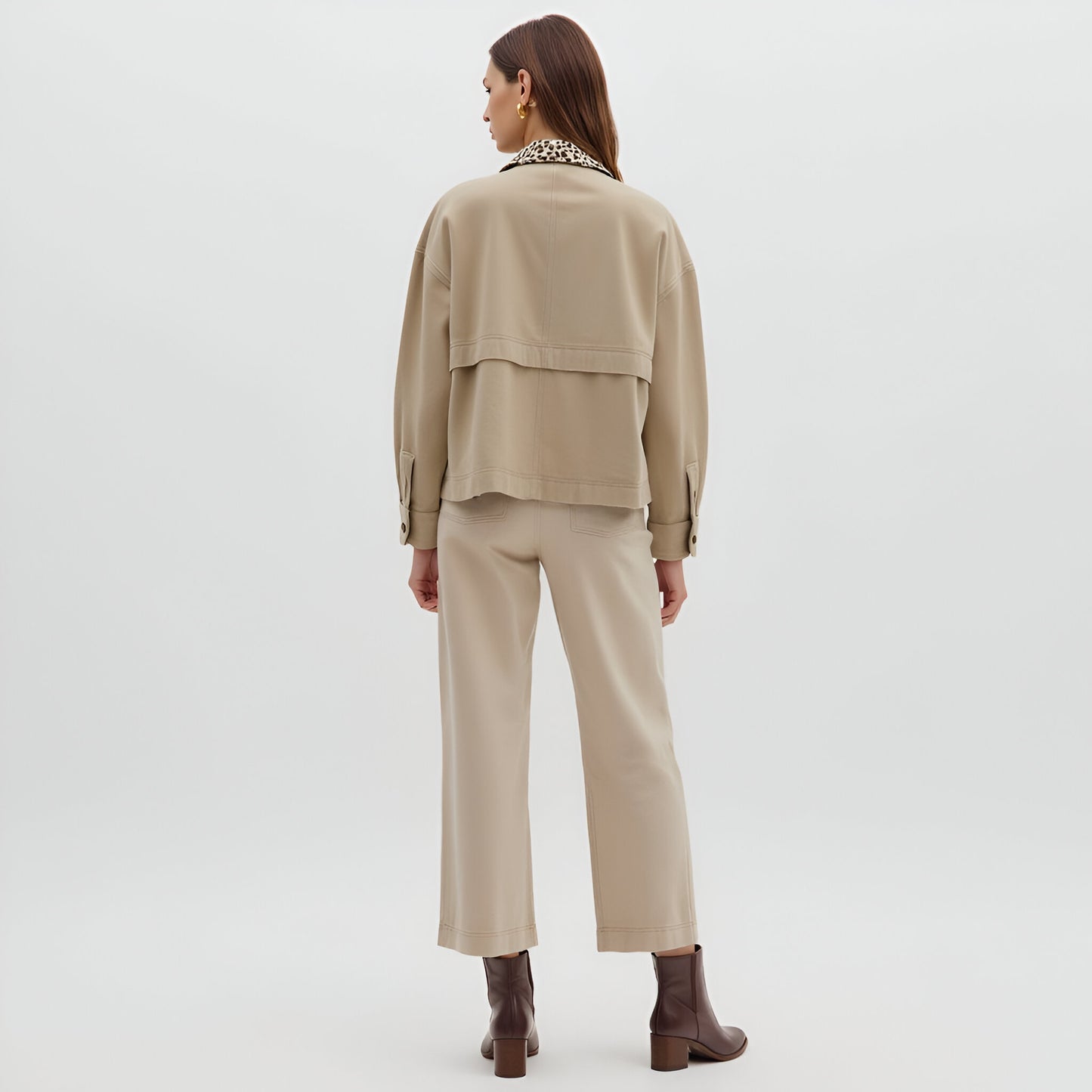 Cropped Utility Jacket with Leopard Print Collar and Snap Front