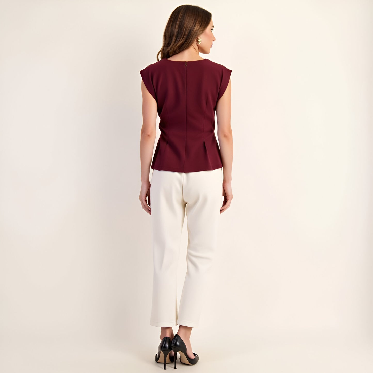 Cap Sleeve Peplum Top with Structured Pleats and Round Neckline