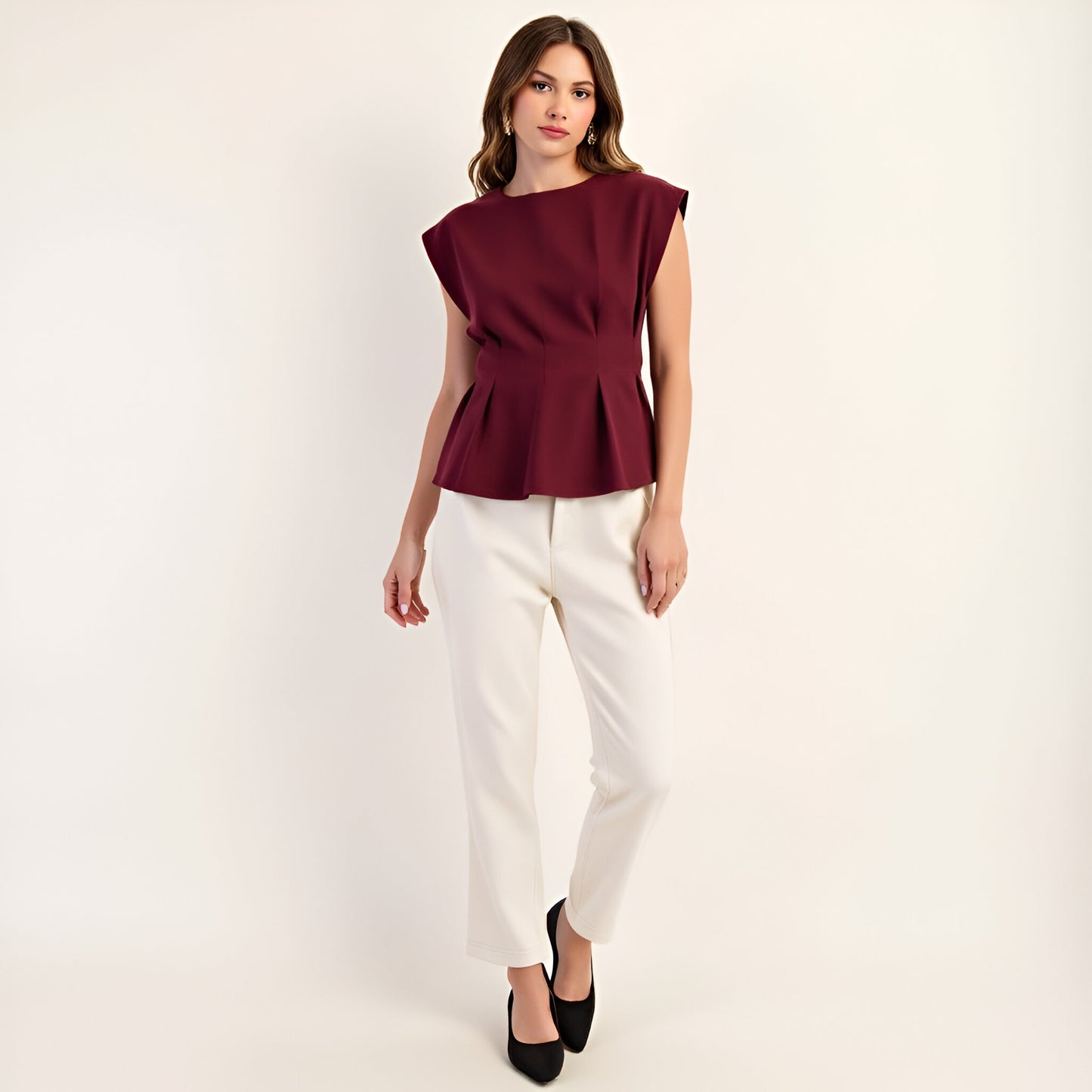Cap Sleeve Peplum Top with Structured Pleats and Round Neckline