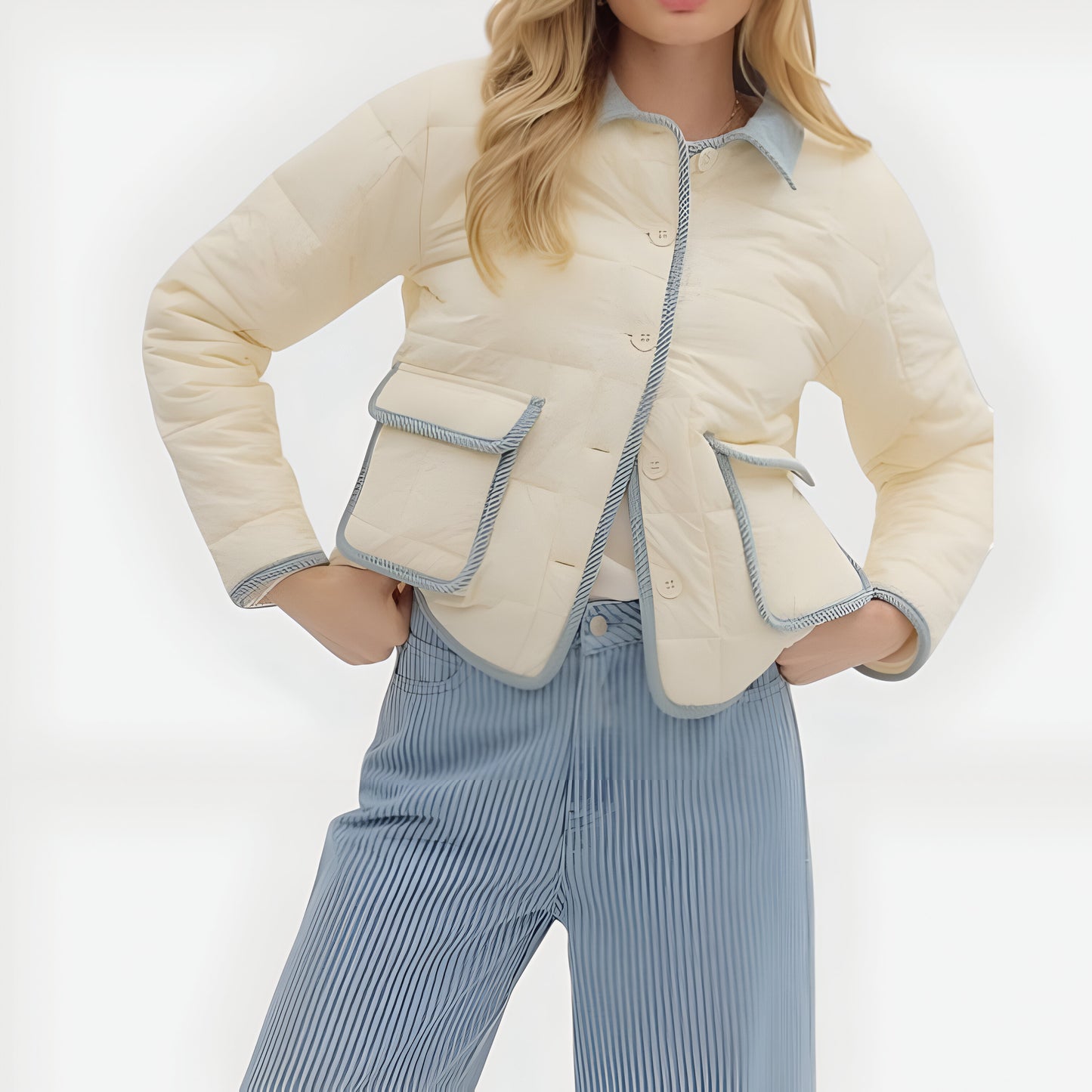 Quilted Button Front Jacket with Contrast Trim and Patch Pockets