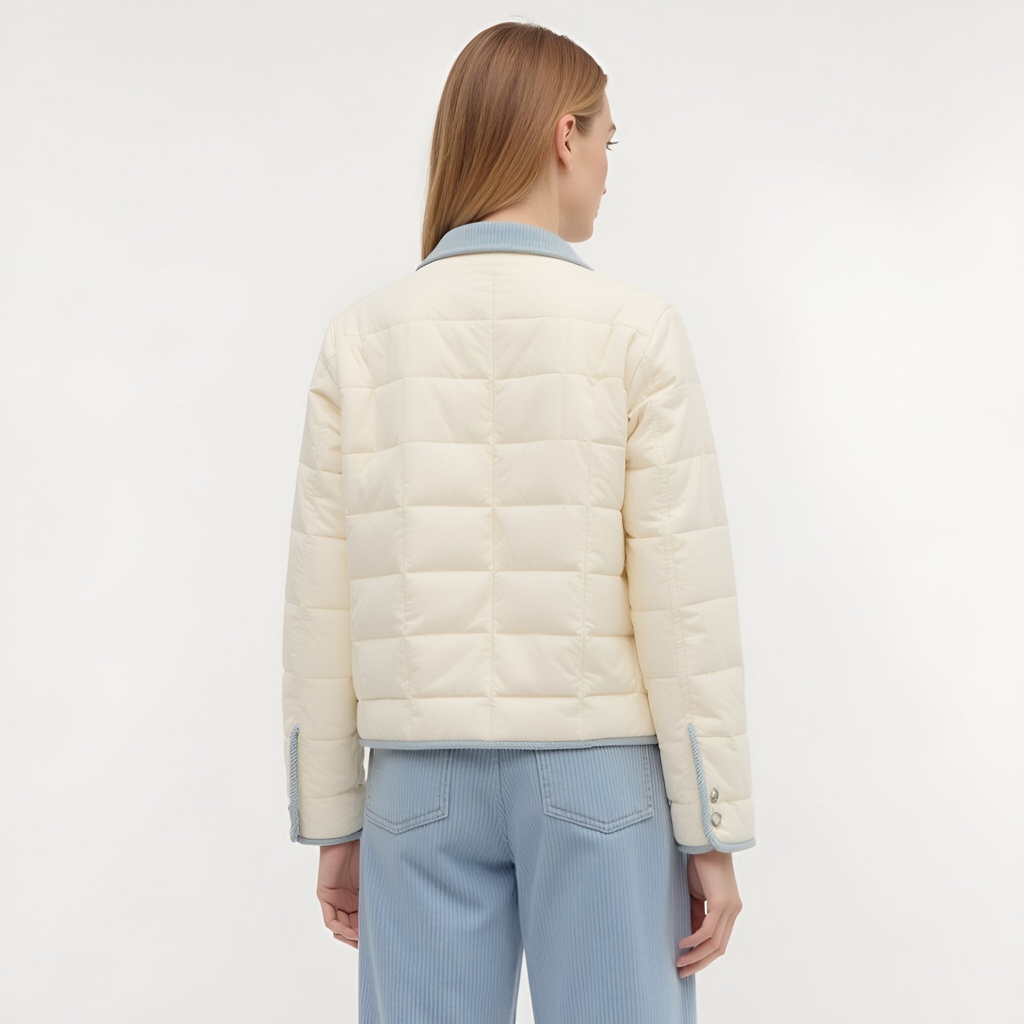 Quilted Button Front Jacket with Contrast Trim and Patch Pockets