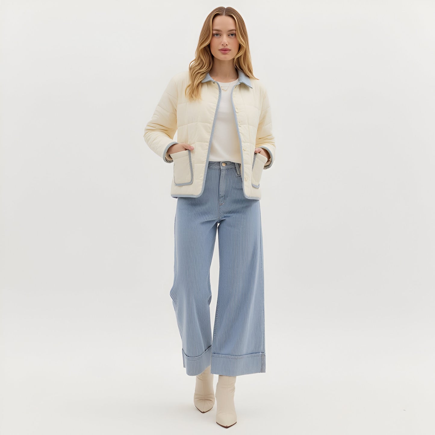 Quilted Button Front Jacket with Contrast Trim and Patch Pockets