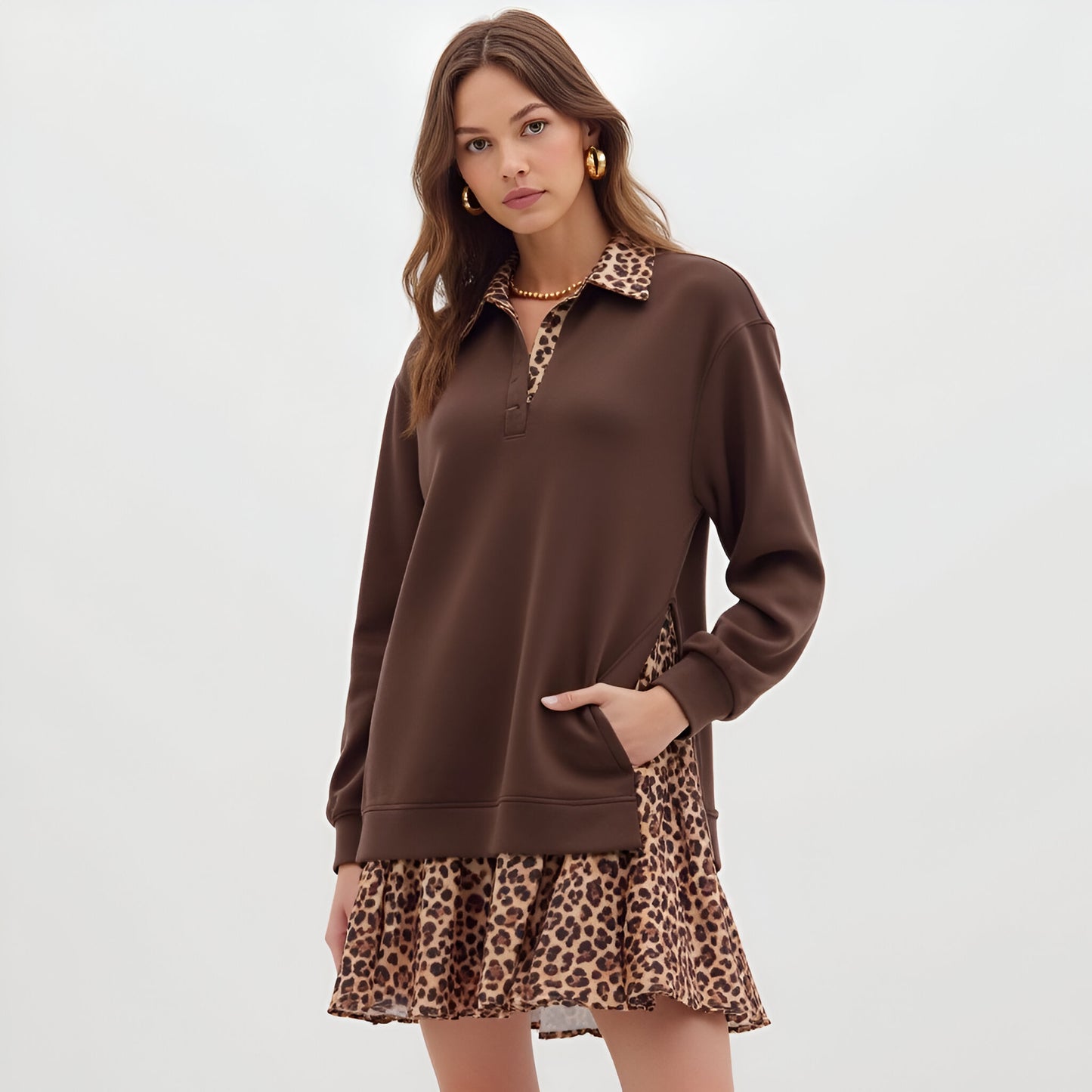 Layered Mini Dress with Leopard Print Skirt and Contrast Collar