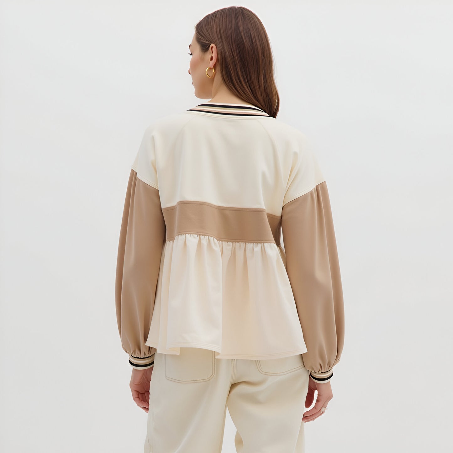 Colorblock V-Neck Peplum Top with Long Sleeves and Stripe Trim