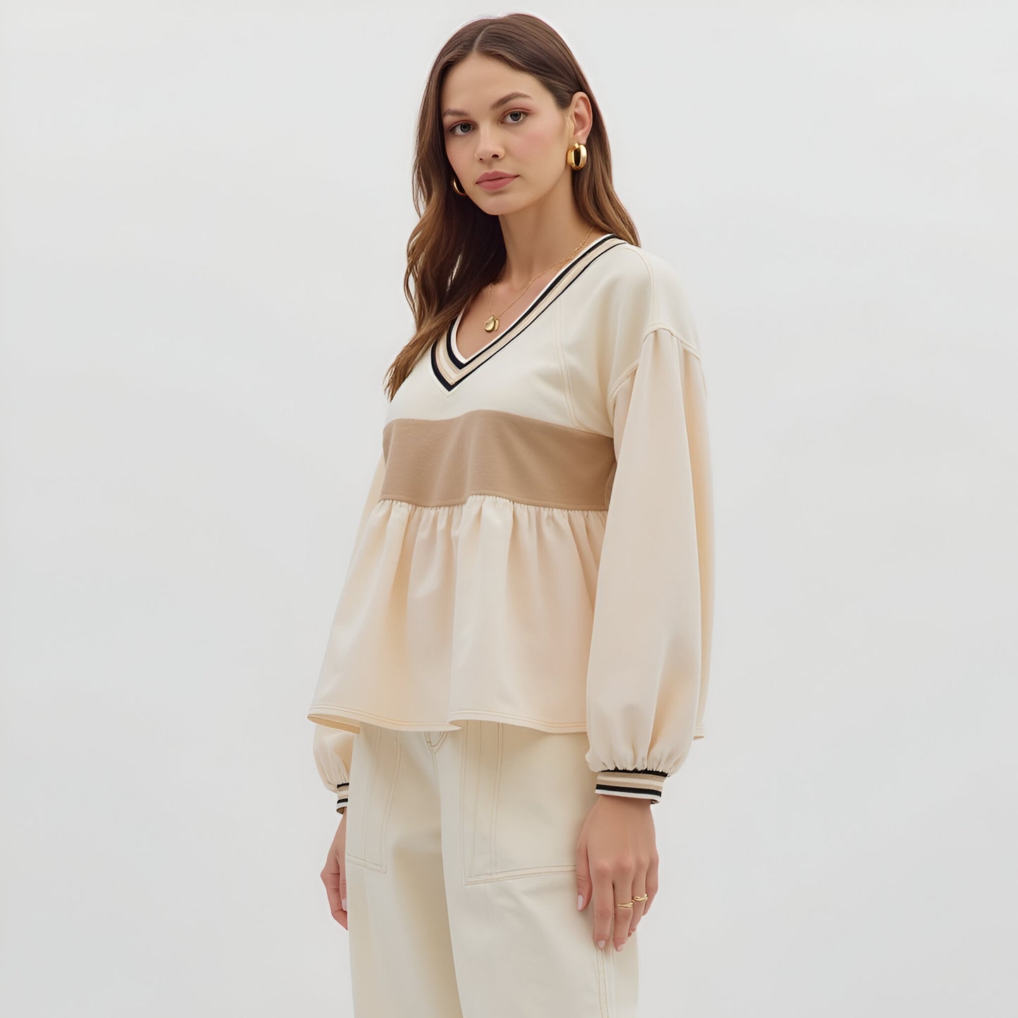 Colorblock V-Neck Peplum Top with Long Sleeves and Stripe Trim