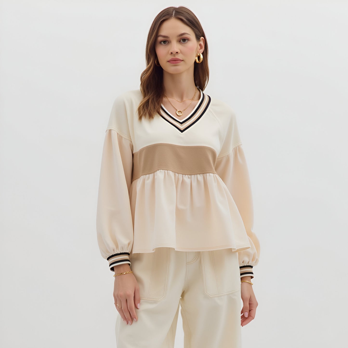 Colorblock V-Neck Peplum Top with Long Sleeves and Stripe Trim