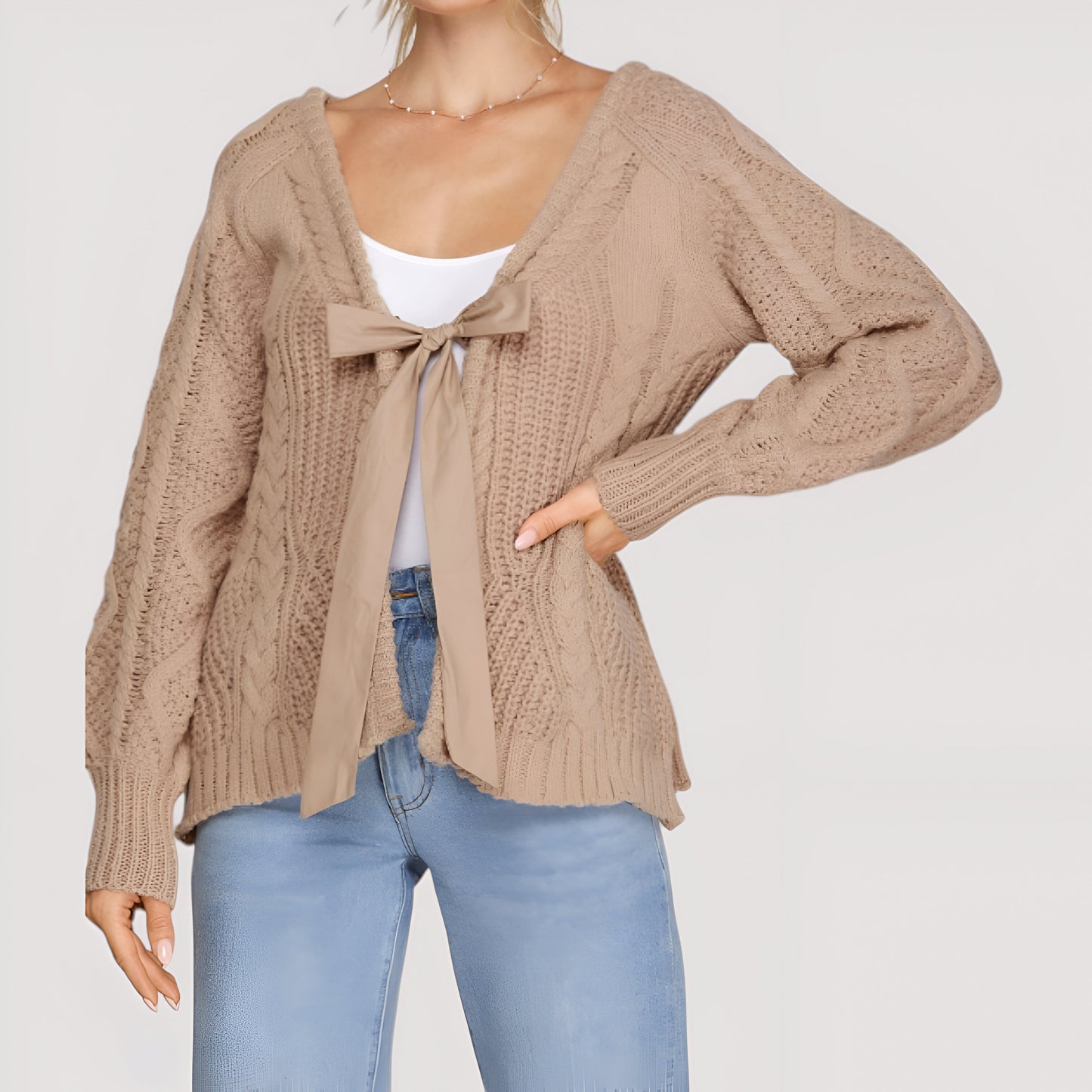 Cable Knit Cardigan with Satin Front Tie and Deep V-Neckline