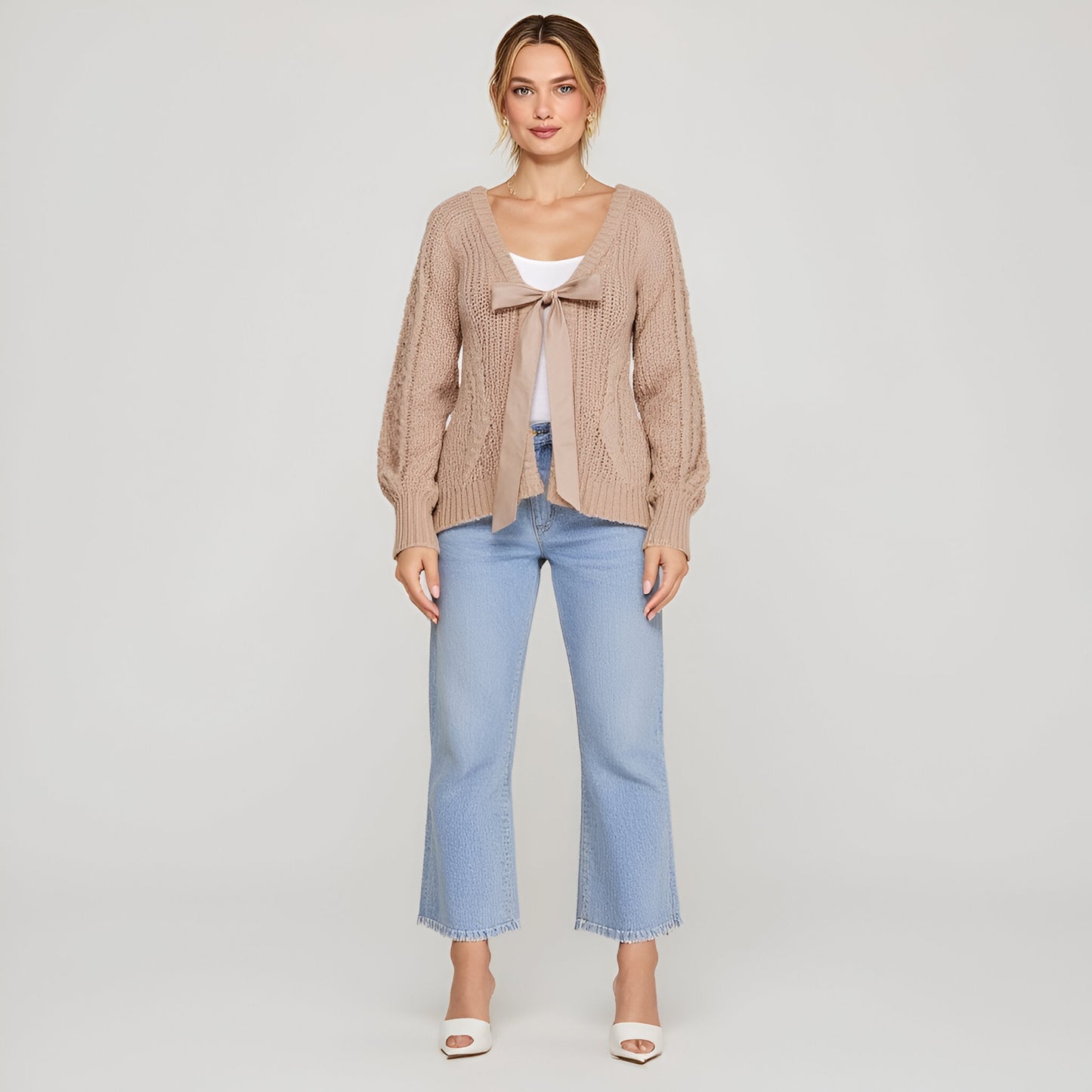 Cable Knit Cardigan with Satin Front Tie and Deep V-Neckline