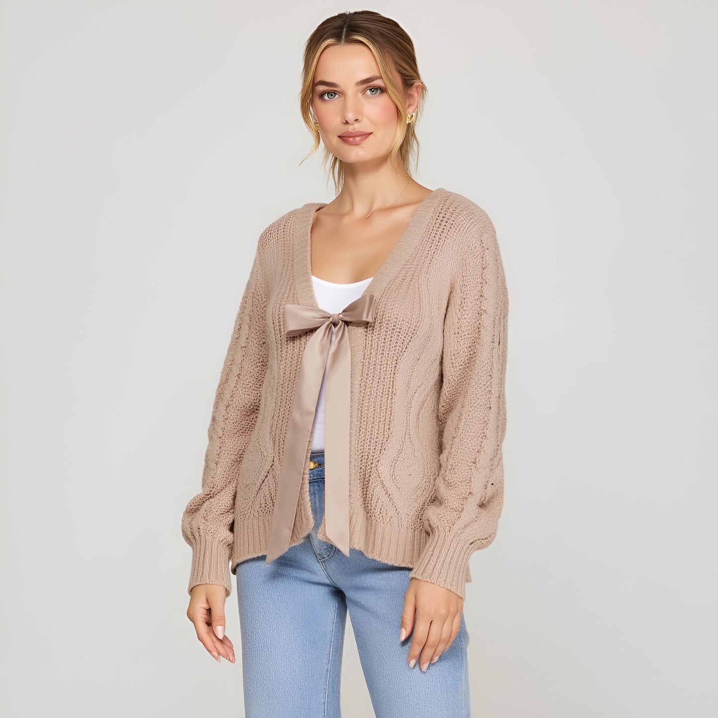 Cable Knit Cardigan with Satin Front Tie and Deep V-Neckline