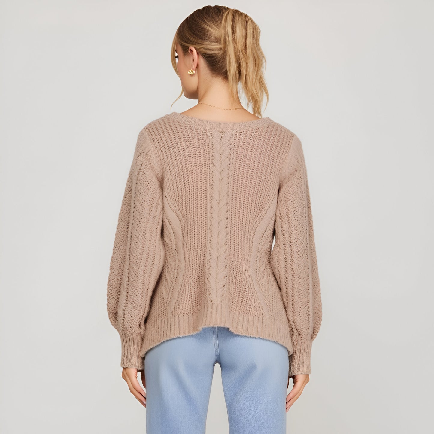 Cable Knit Cardigan with Satin Front Tie and Deep V-Neckline