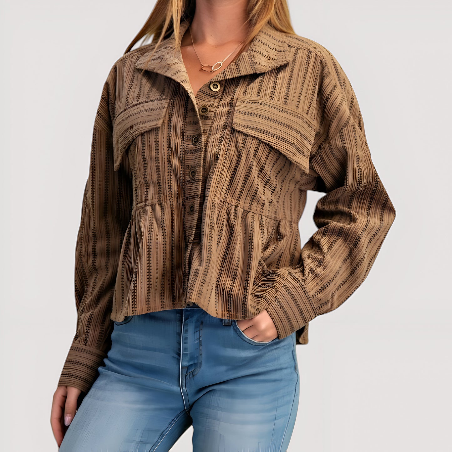 Striped Button-Front Shirt Jacket with Peplum Hem and Chest Pockets