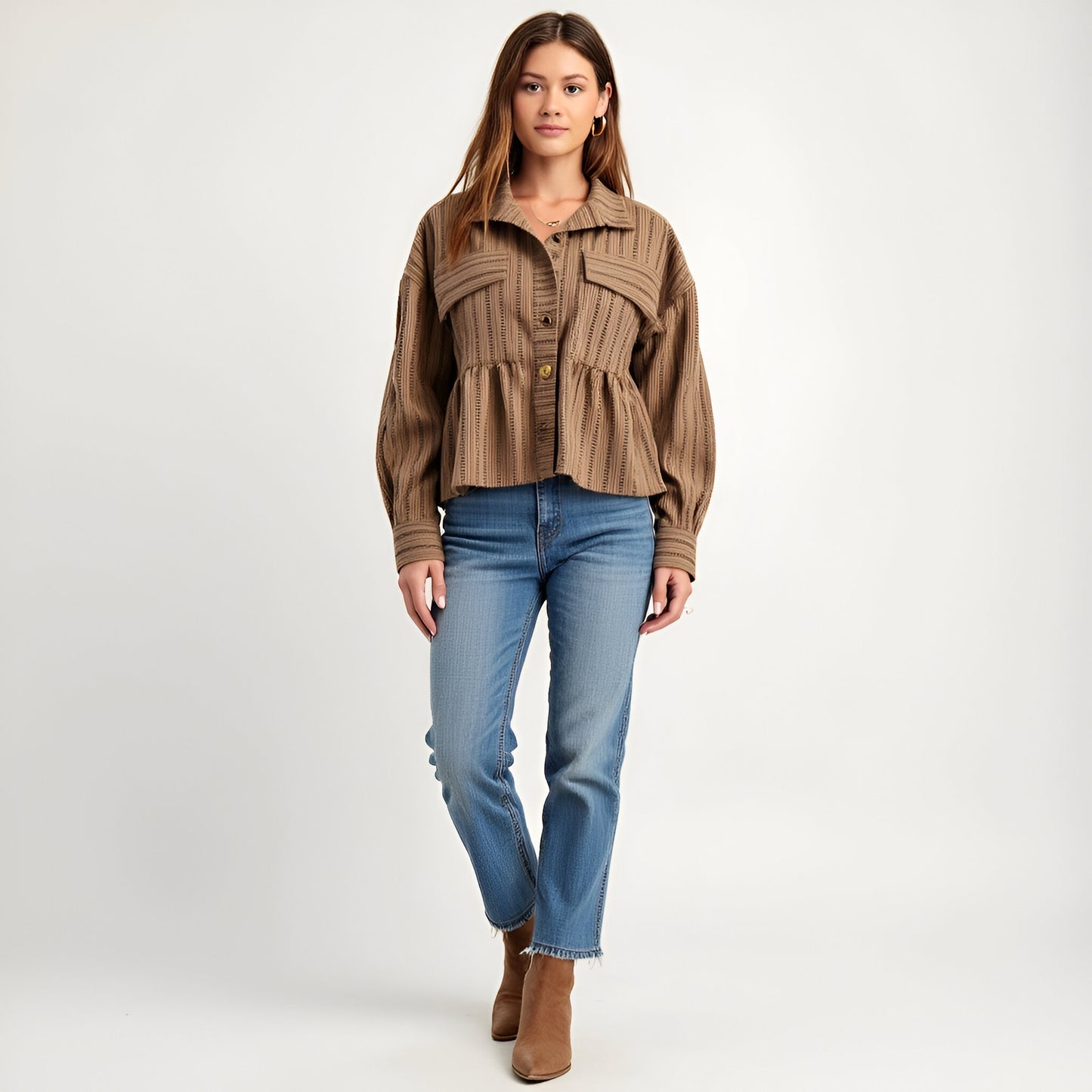 Striped Button-Front Shirt Jacket with Peplum Hem and Chest Pockets