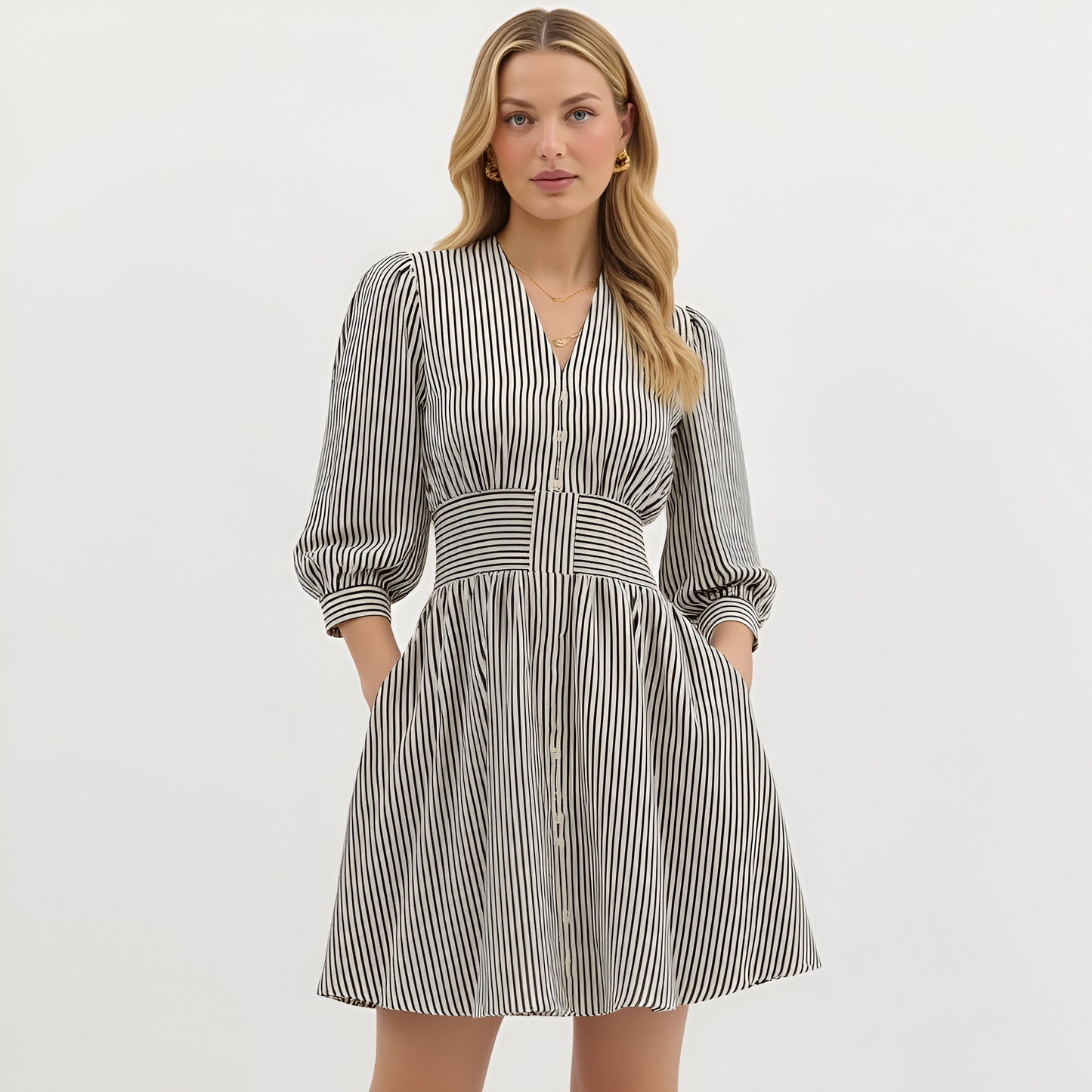 Striped Mini Dress with Zip Front and Fitted Waistband