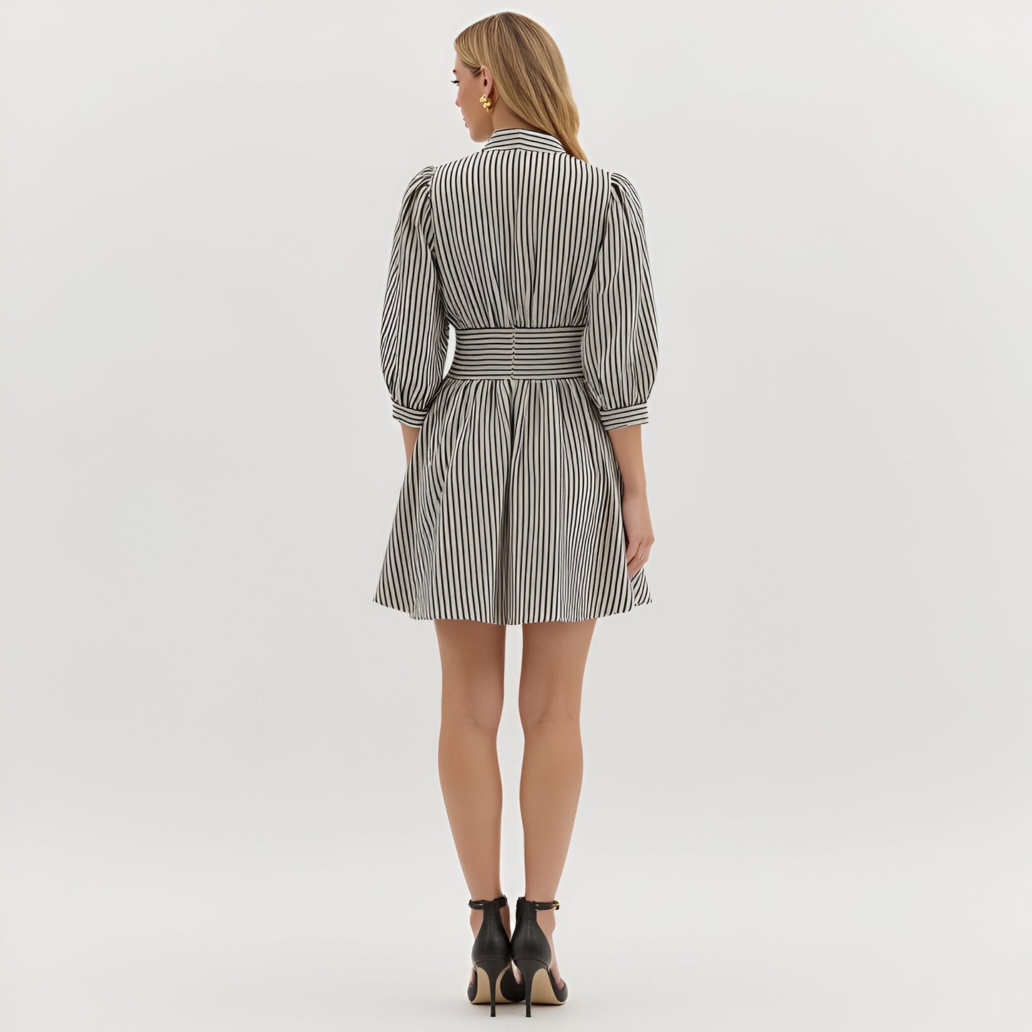 Striped Mini Dress with Zip Front and Fitted Waistband