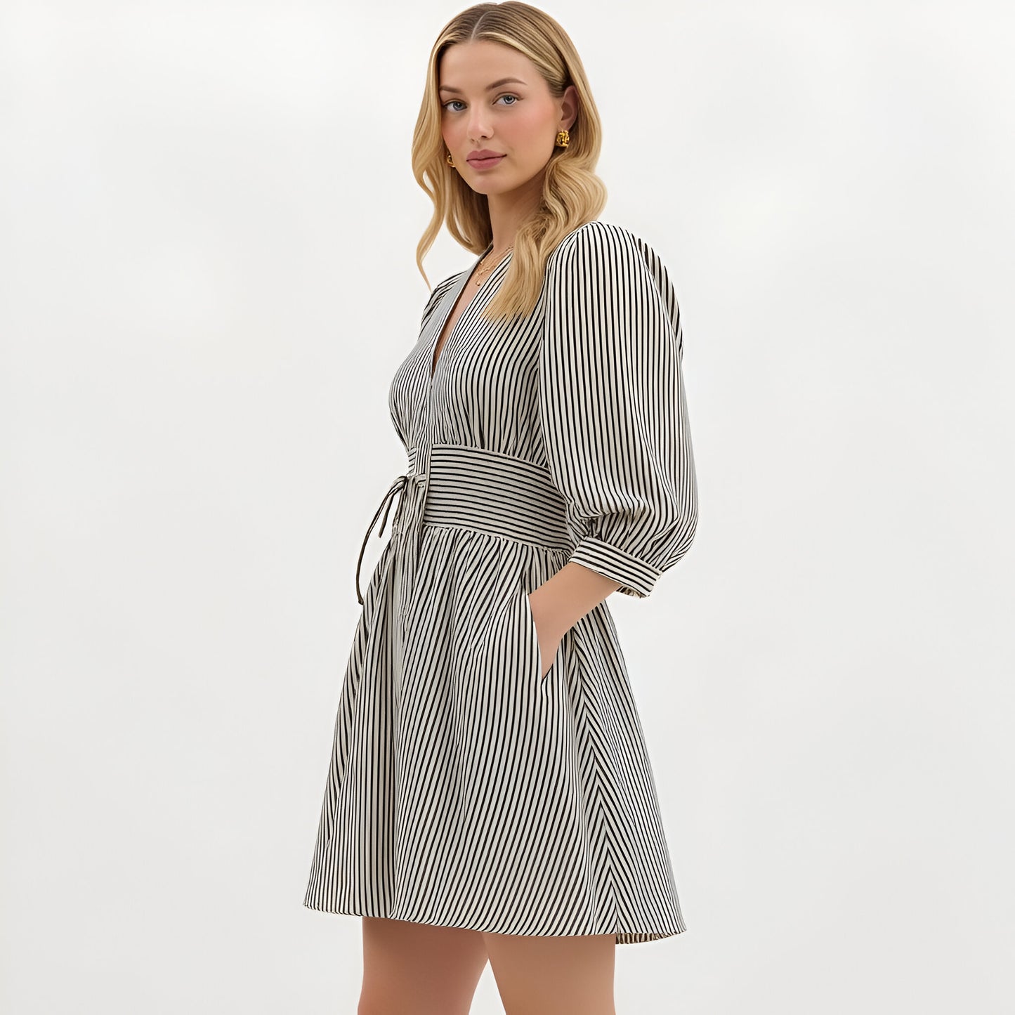 Striped Mini Dress with Zip Front and Fitted Waistband