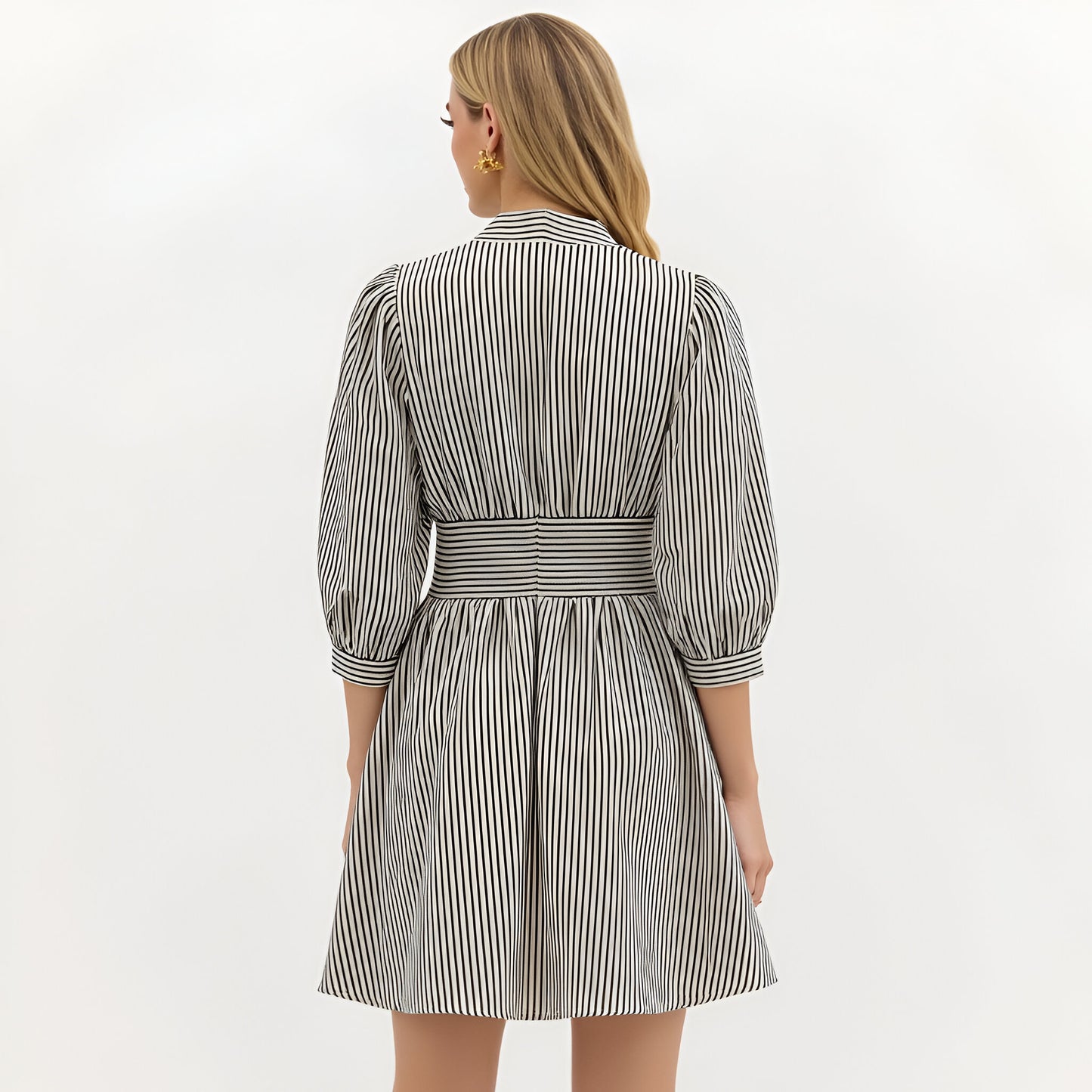 Striped Mini Dress with Zip Front and Fitted Waistband