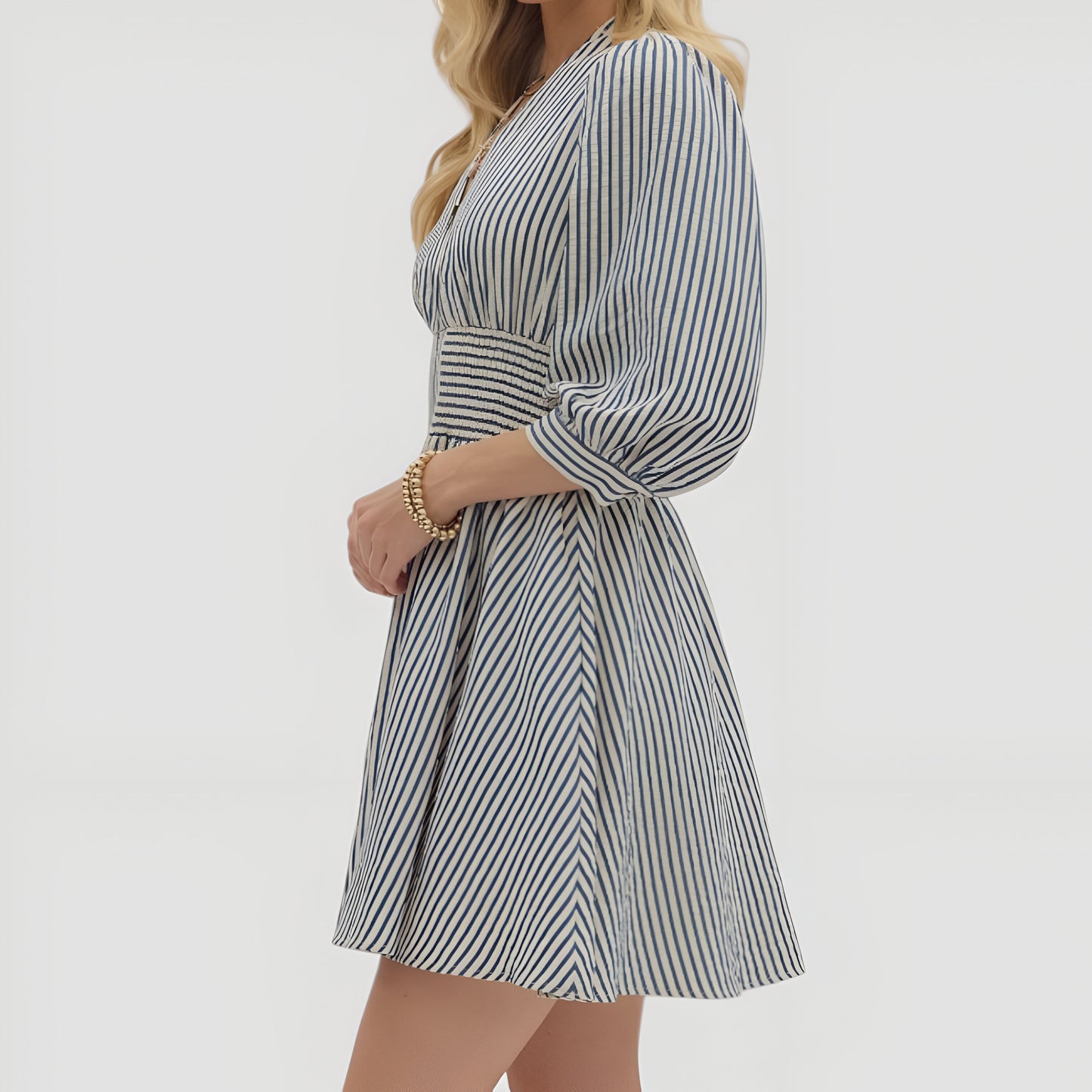 Striped Mini Dress with Zip Front and Fitted Waistband