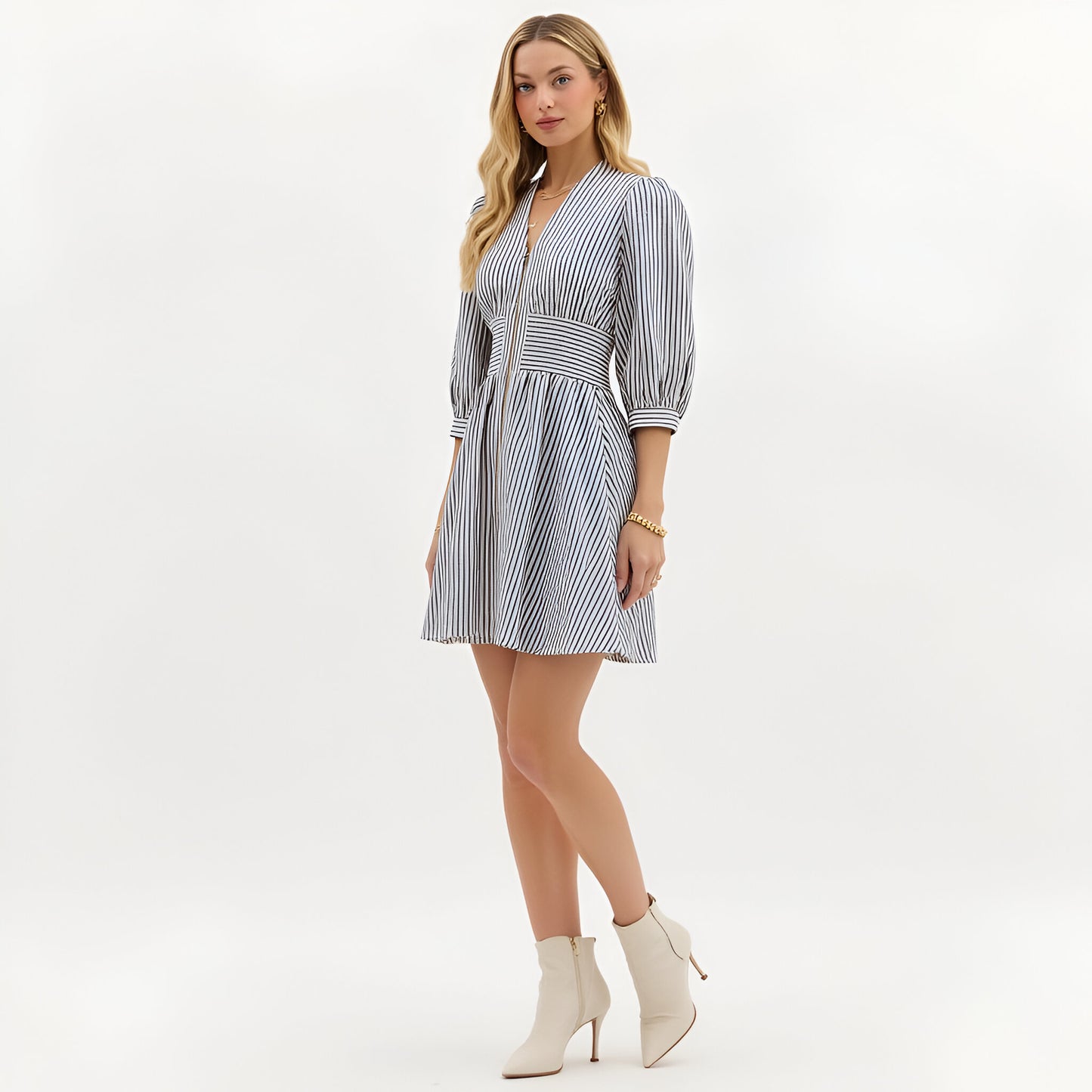 Striped Mini Dress with Zip Front and Fitted Waistband