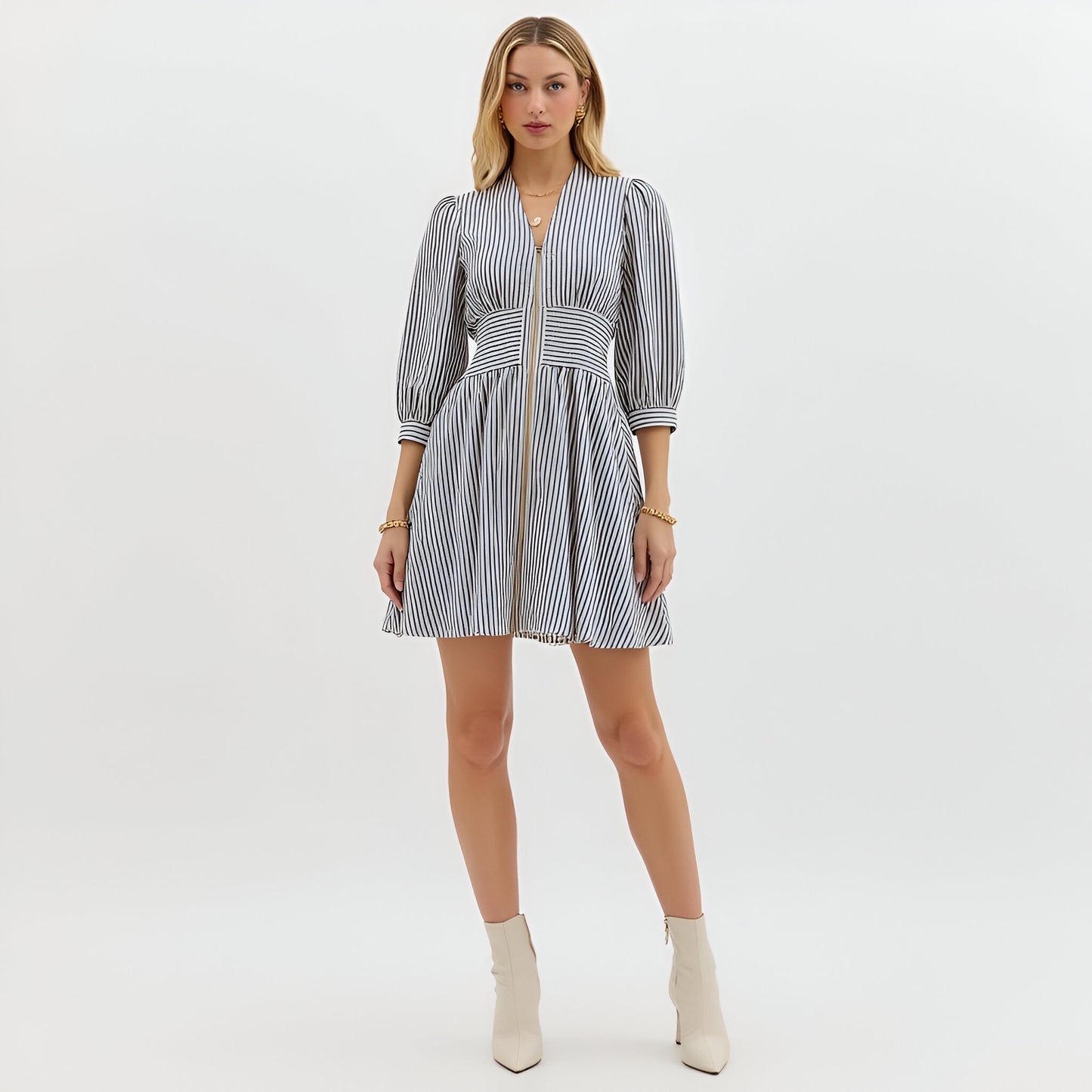 Striped Mini Dress with Zip Front and Fitted Waistband