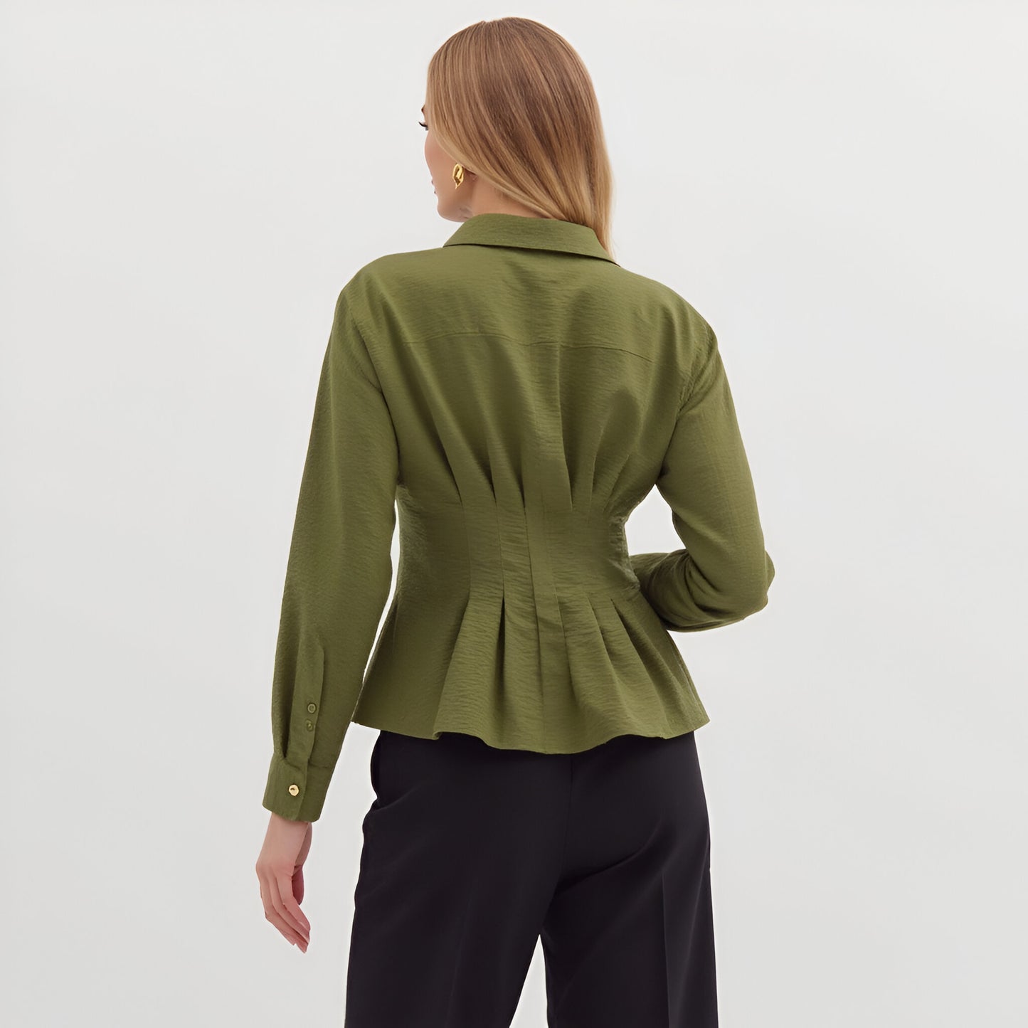 Peplum Button-Up Blouse with Long Sleeves and Structured Waist
