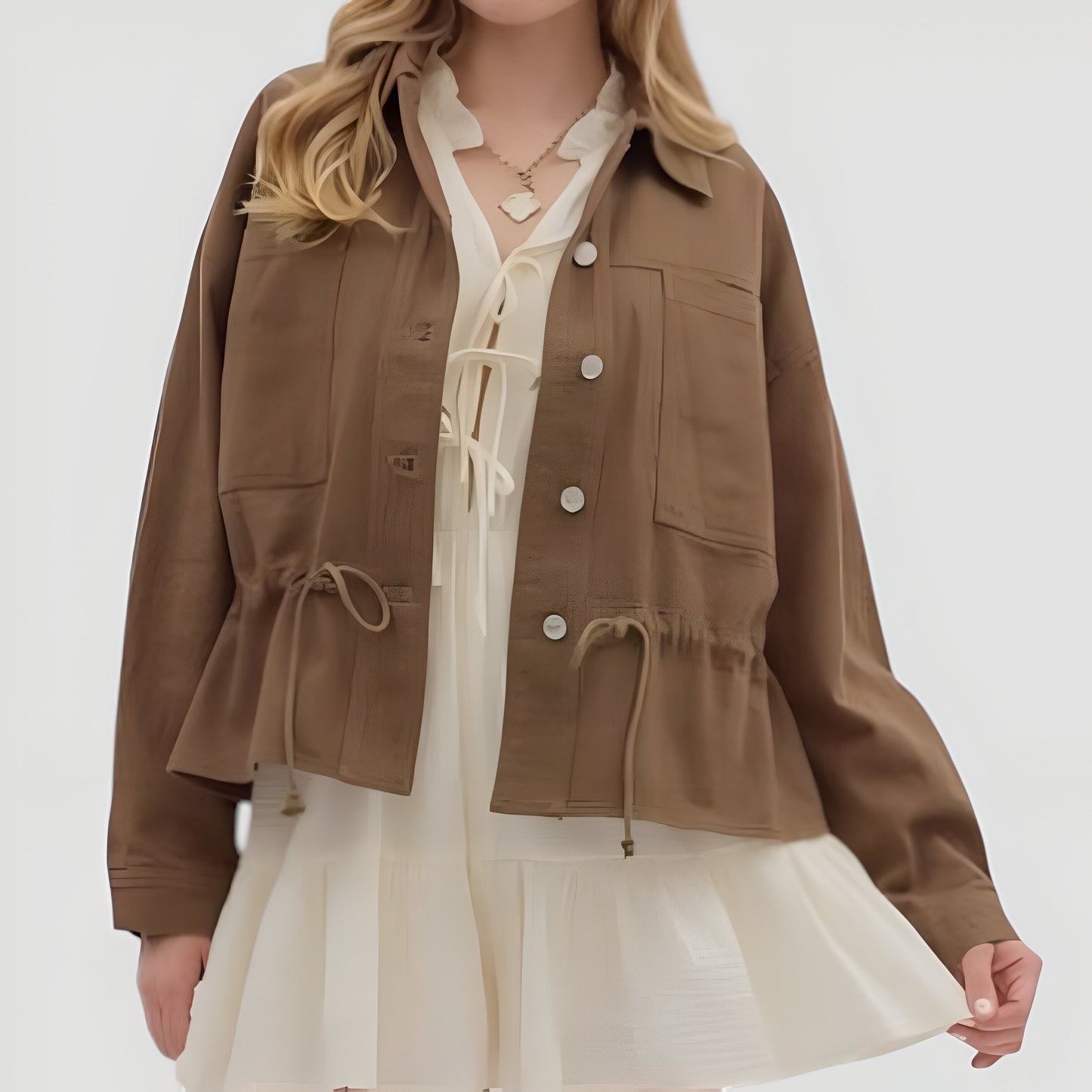 Button-Up Jacket with Front Pockets and Adjustable Drawstring Waist