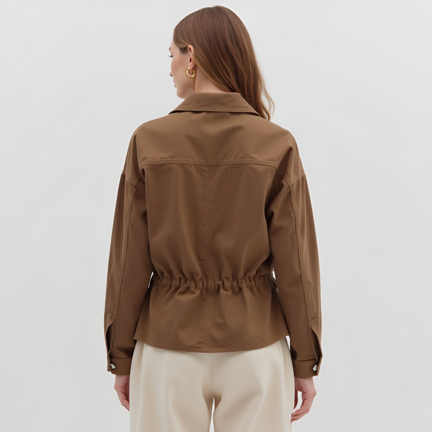 Button-Up Jacket with Front Pockets and Adjustable Drawstring Waist