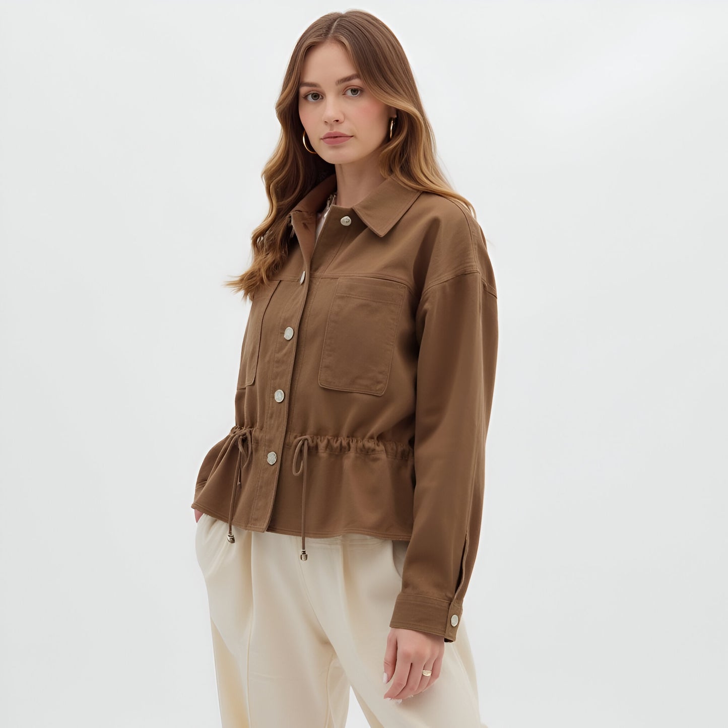 Button-Up Jacket with Front Pockets and Adjustable Drawstring Waist