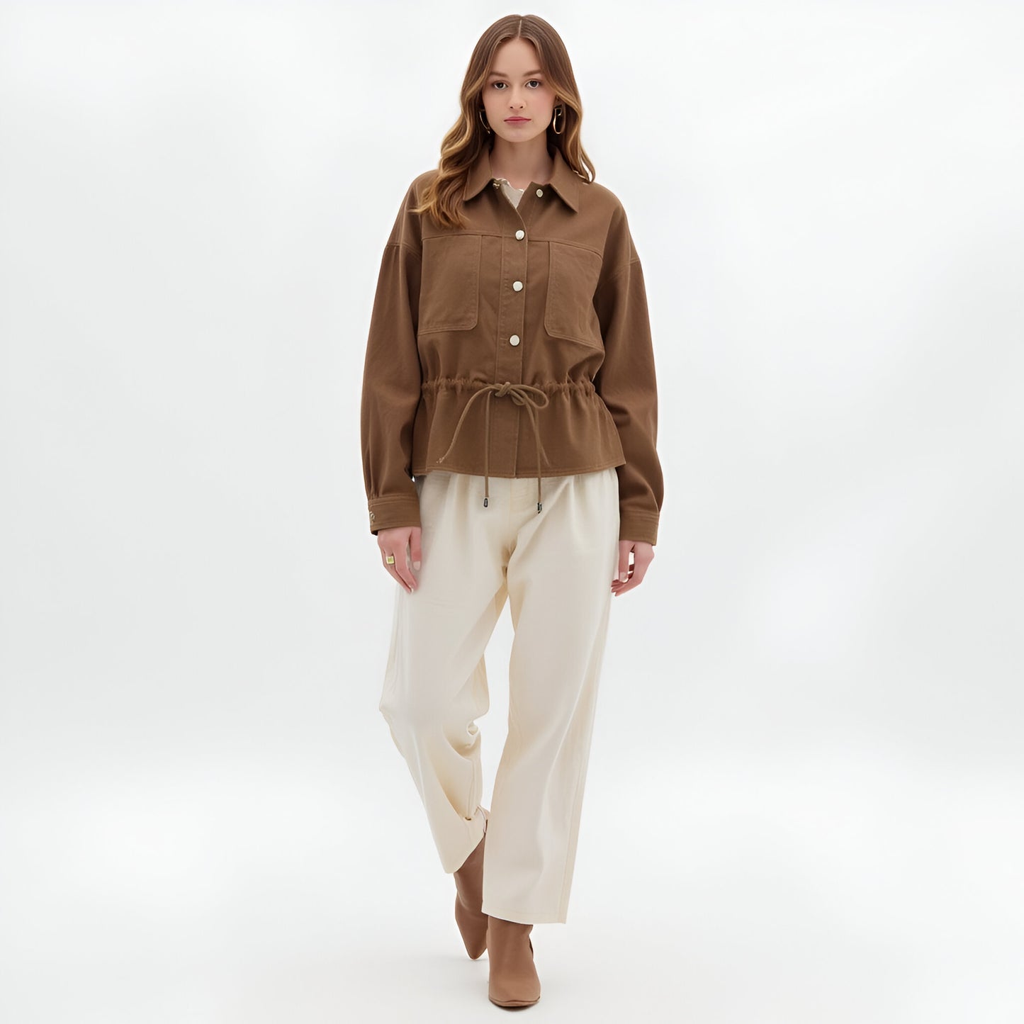 Button-Up Jacket with Front Pockets and Adjustable Drawstring Waist