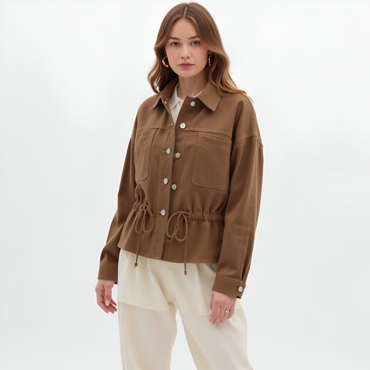 Button-Up Jacket with Front Pockets and Adjustable Drawstring Waist