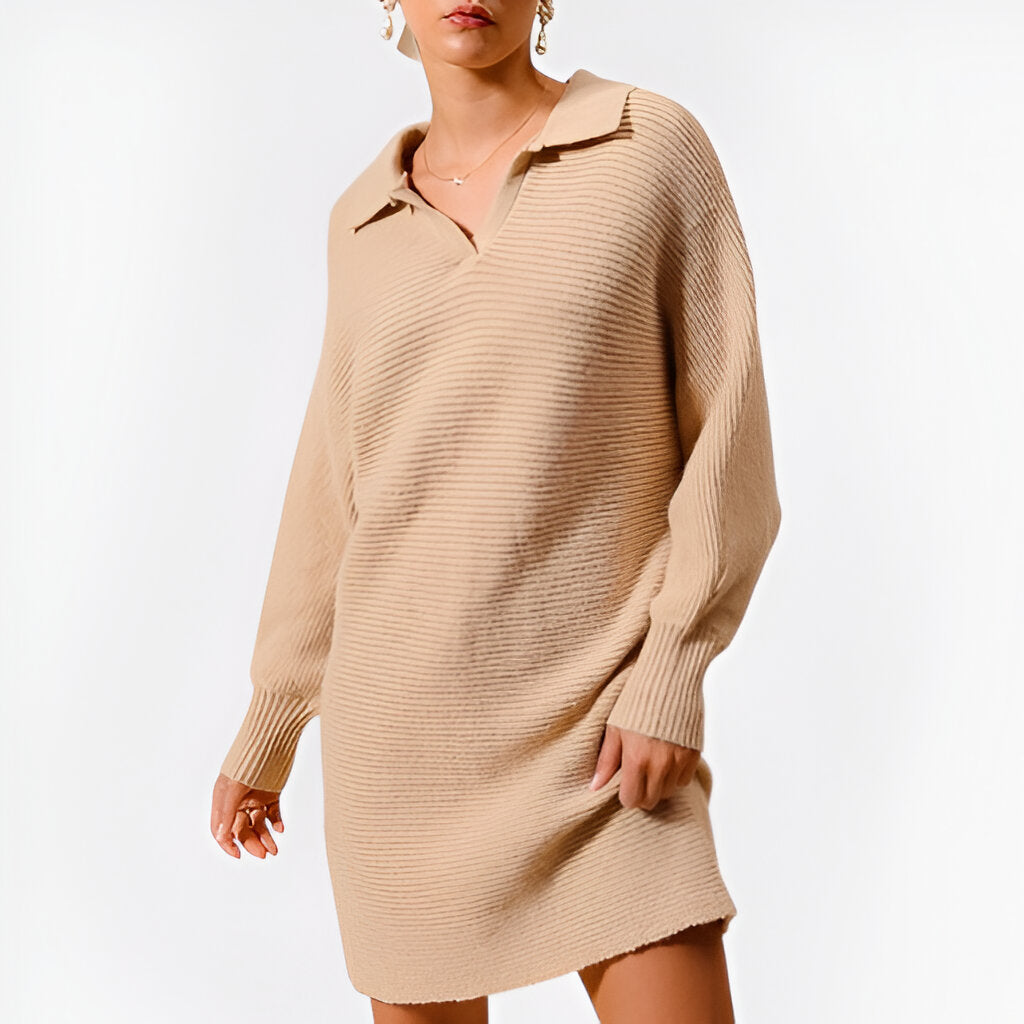 Ribbed Knit Sweater Dress with Spread Collar and Long Cuffed Sleeves