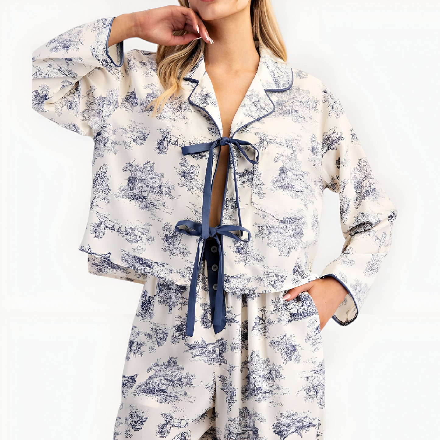 Printed Button-Up Pajama Set with Contrast Trim and Ribbon Tie Detail