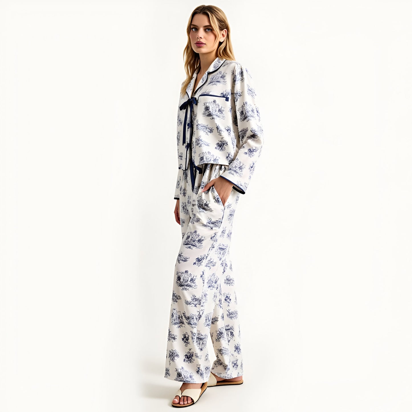 Printed Button-Up Pajama Set with Contrast Trim and Ribbon Tie Detail