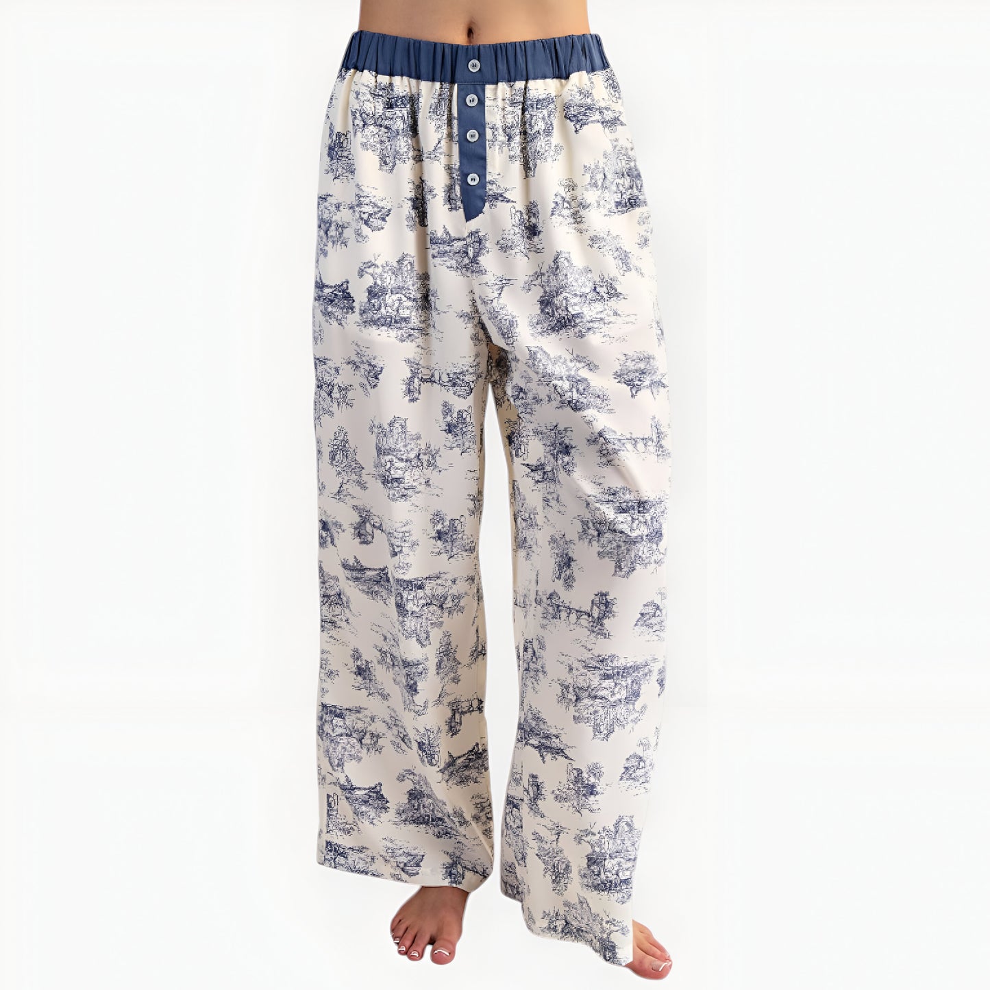 Printed Button-Up Pajama Set with Contrast Trim and Ribbon Tie Detail