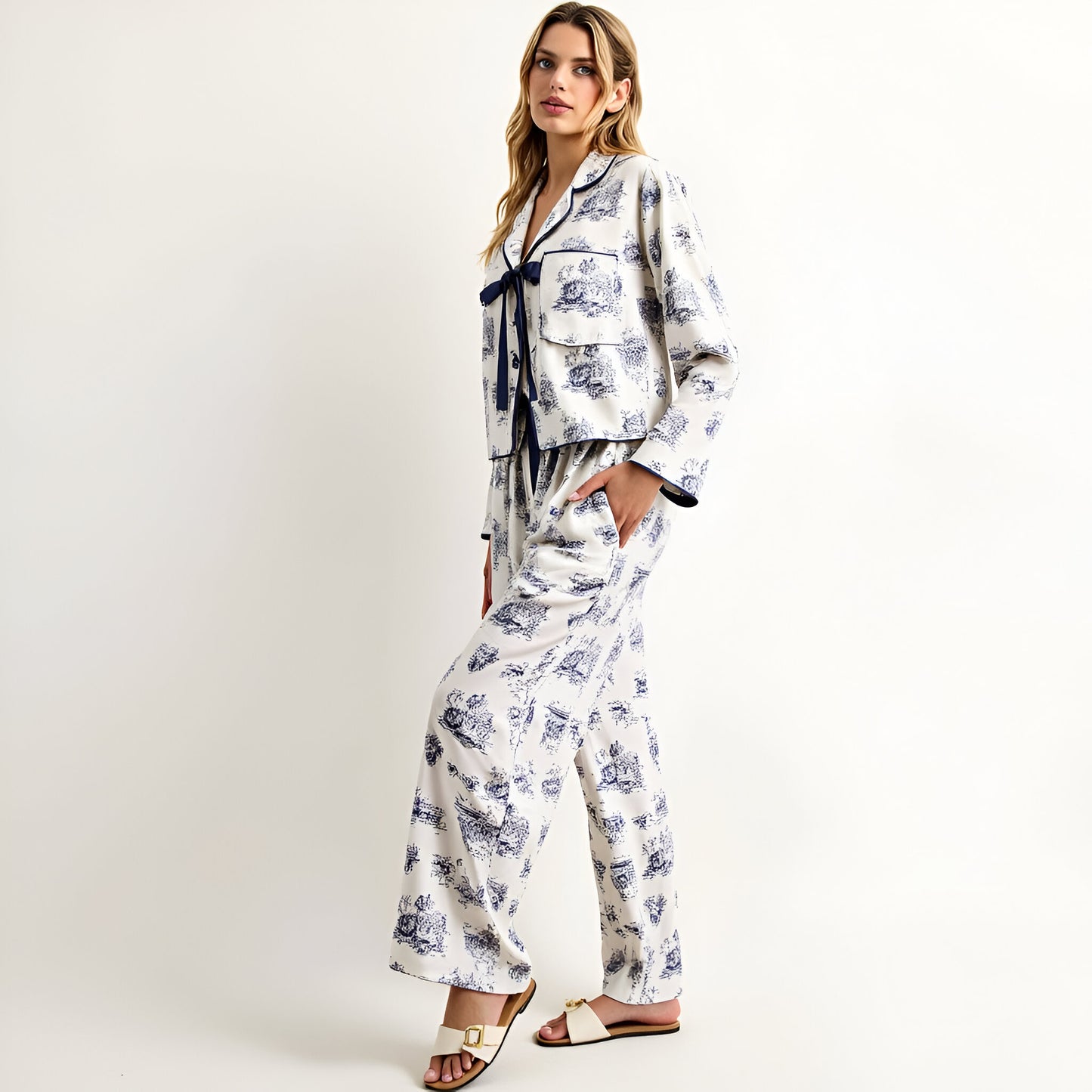 Printed Button-Up Pajama Set with Contrast Trim and Ribbon Tie Detail