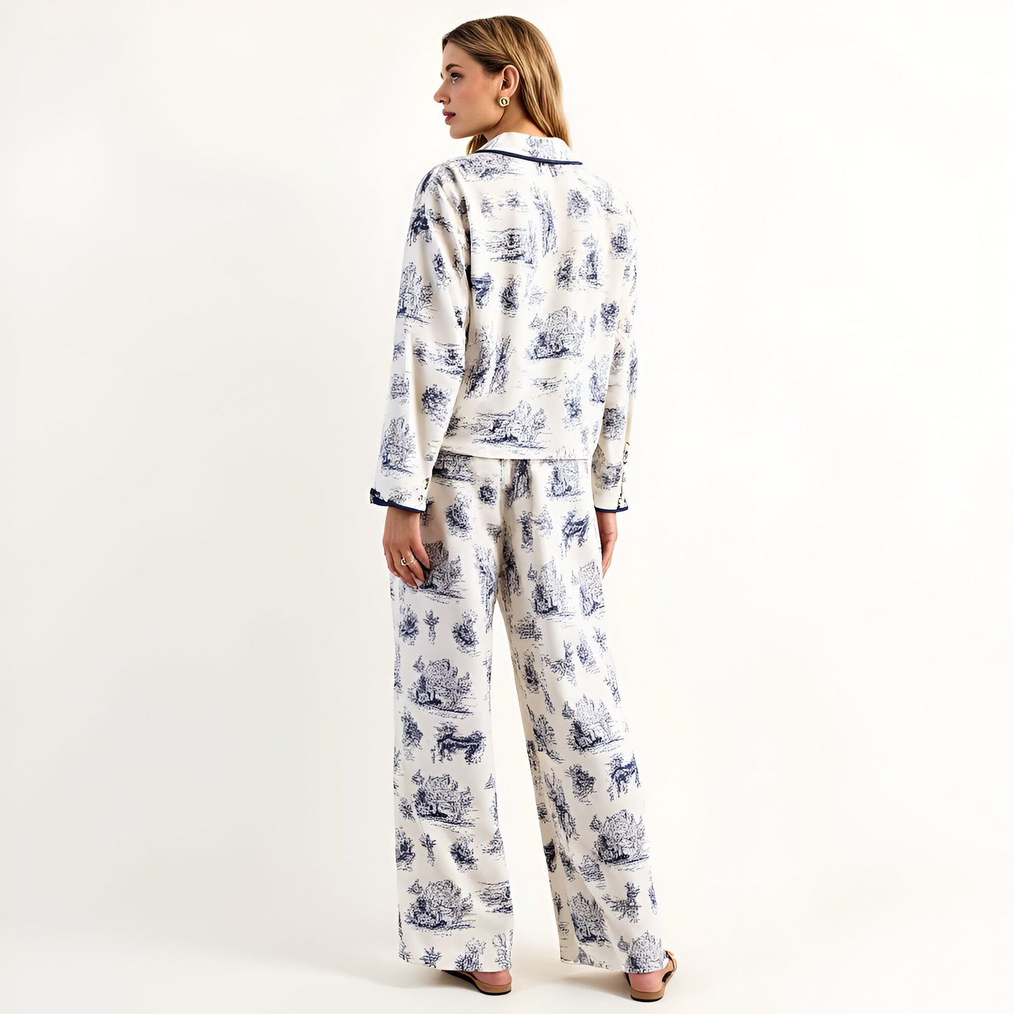 Printed Button-Up Pajama Set with Contrast Trim and Ribbon Tie Detail