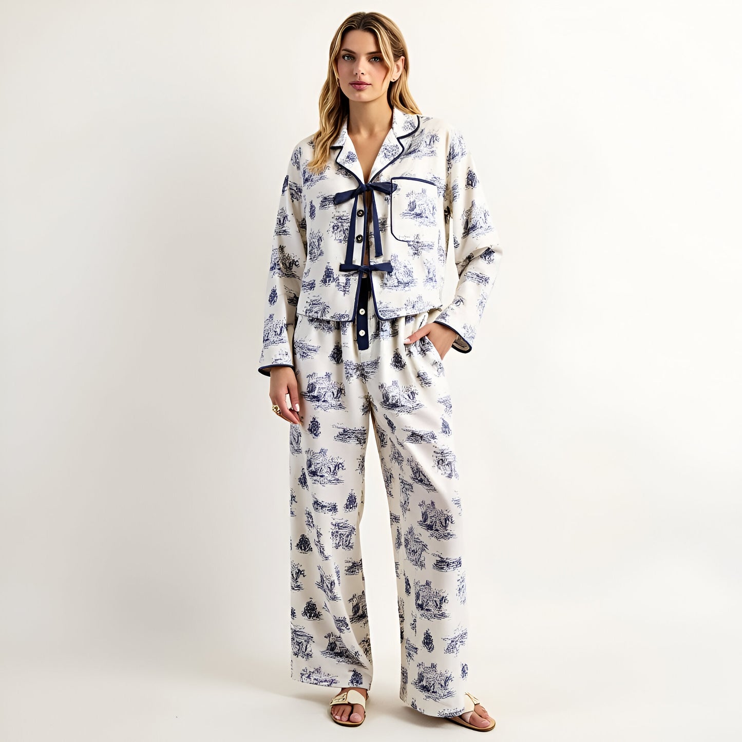 Printed Button-Up Pajama Set with Contrast Trim and Ribbon Tie Detail