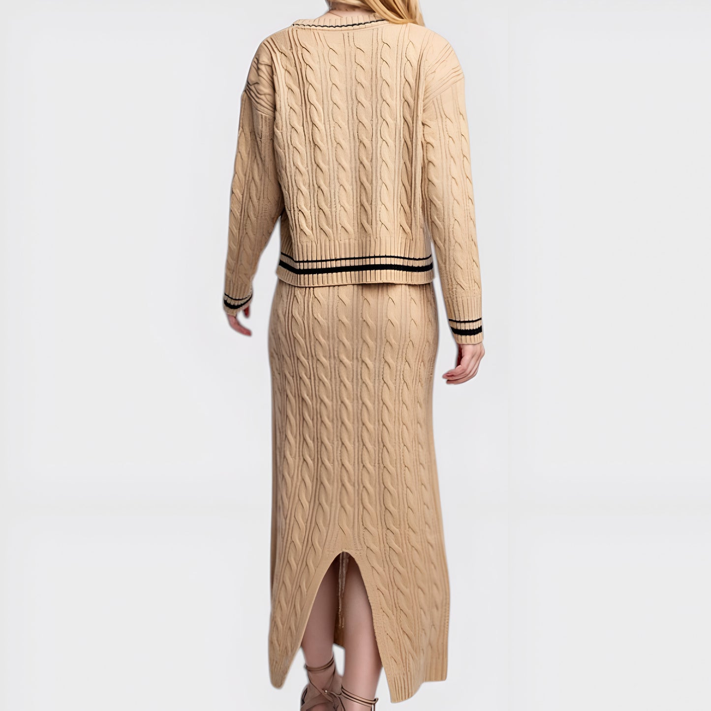 Cable Knit Cardigan & Maxi Skirt Set with Striped Trim and Button Detail