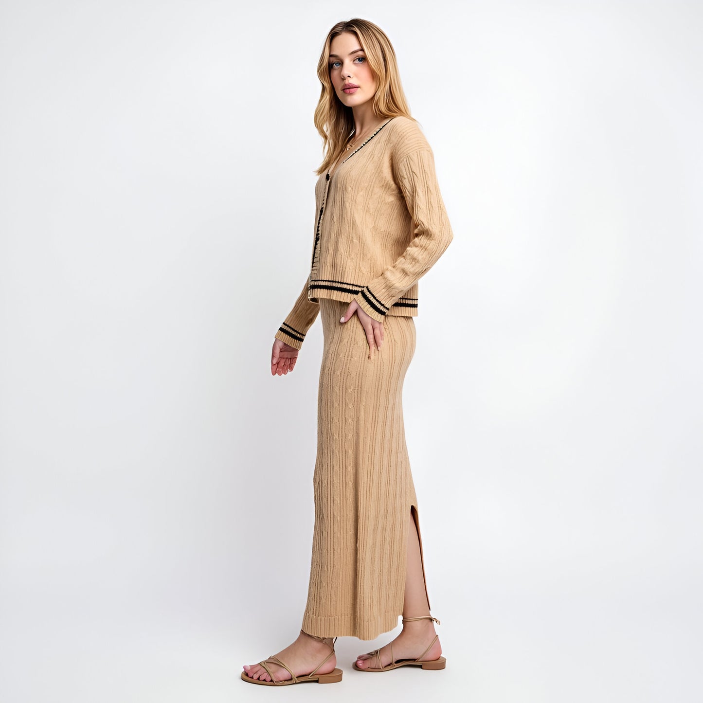 Cable Knit Cardigan & Maxi Skirt Set with Striped Trim and Button Detail